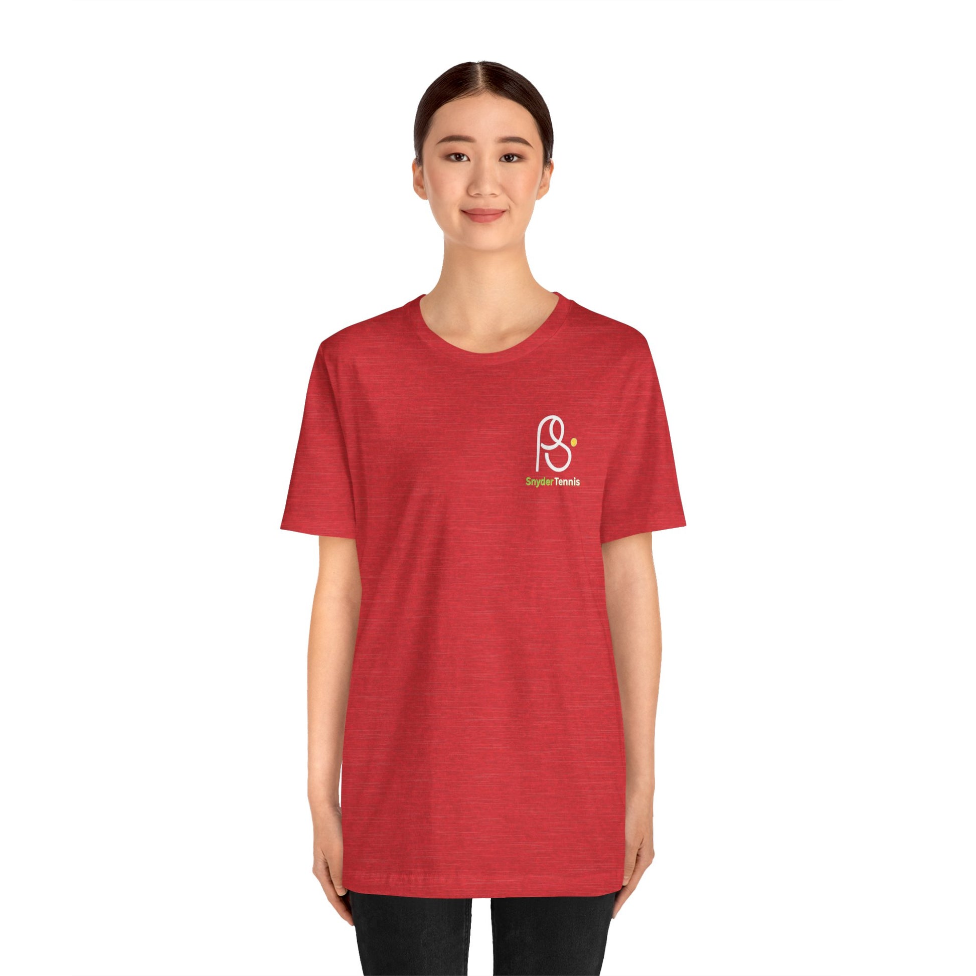 Female model front view in heather red PS Tennis tee, subtle white PS ball logo on chest, slim fit vibe
