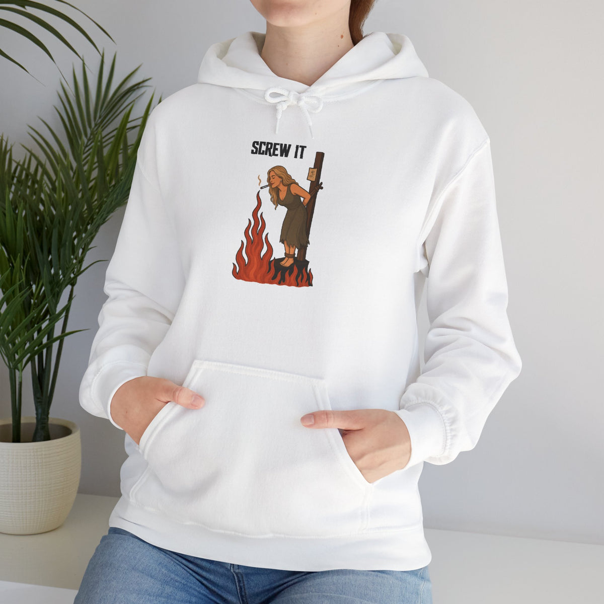 Screw It Hoodie – Funny Retro Character Flaming Witch Graphic Sweatshirt