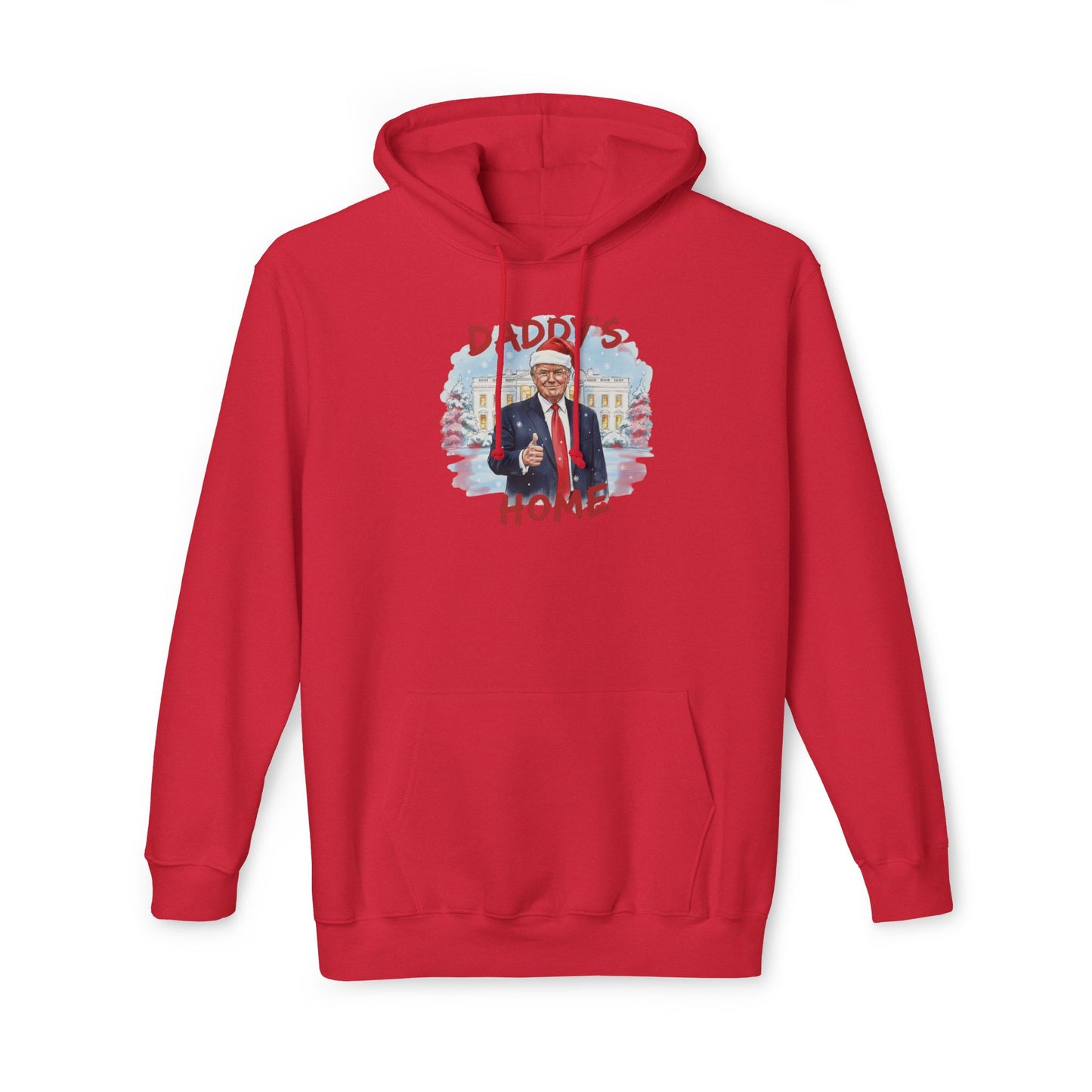 Front view of white "Daddy's Home" Trump Christmas hoodie, Santa-capped in snowy glory