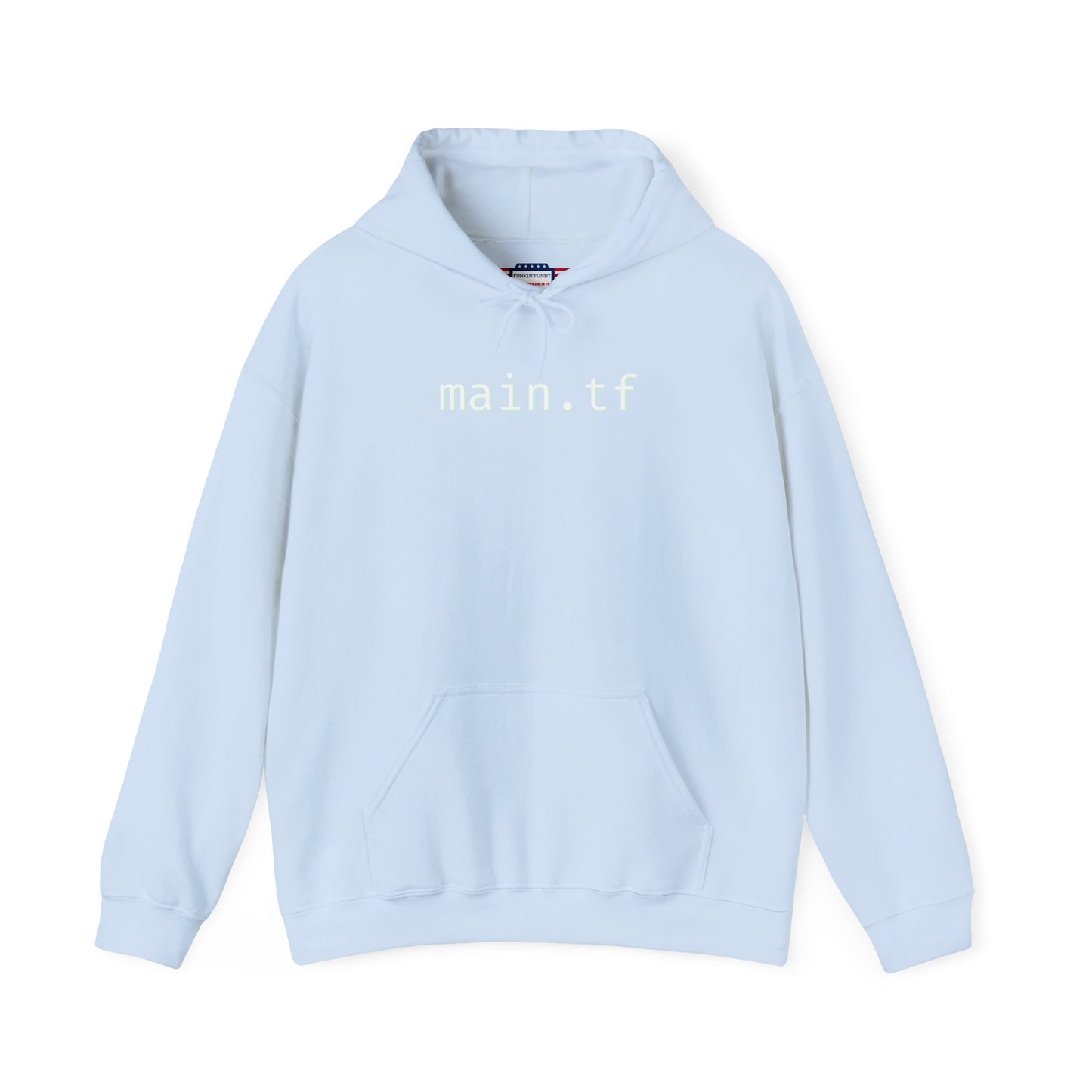 Front view of light blue main.tf hoodie with standout white "main.tf" on chest