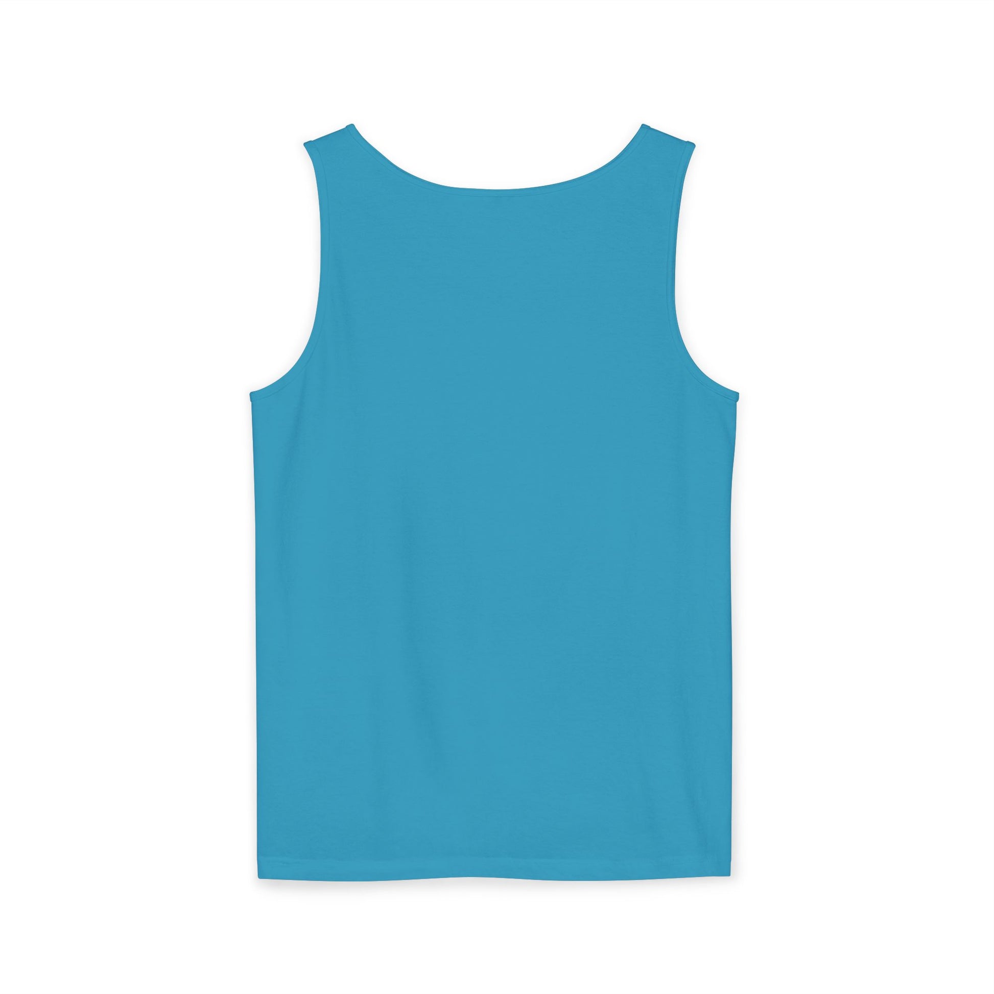 Back view of plain teal tank top on white background, relaxed unisex fit for gym vibes