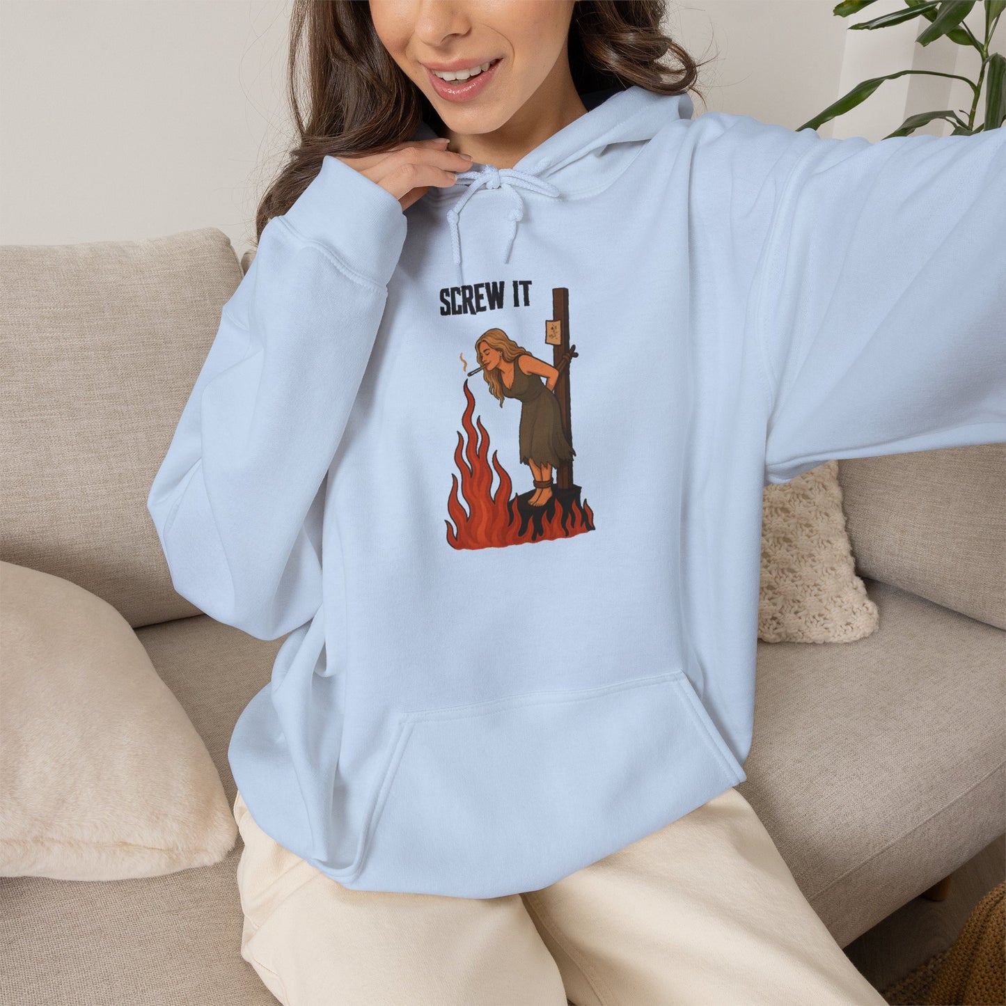 Screw It Hoodie – Funny Retro Character Flaming Witch Graphic Sweatshirt