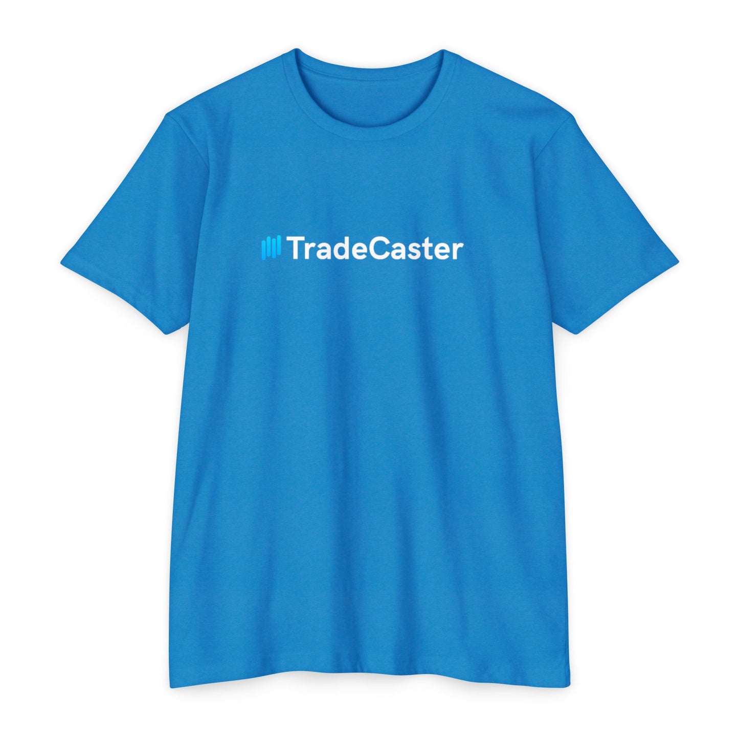 Front view of royal blue unisex TradeCaster CVC jersey t-shirt with blue || icon and white text print