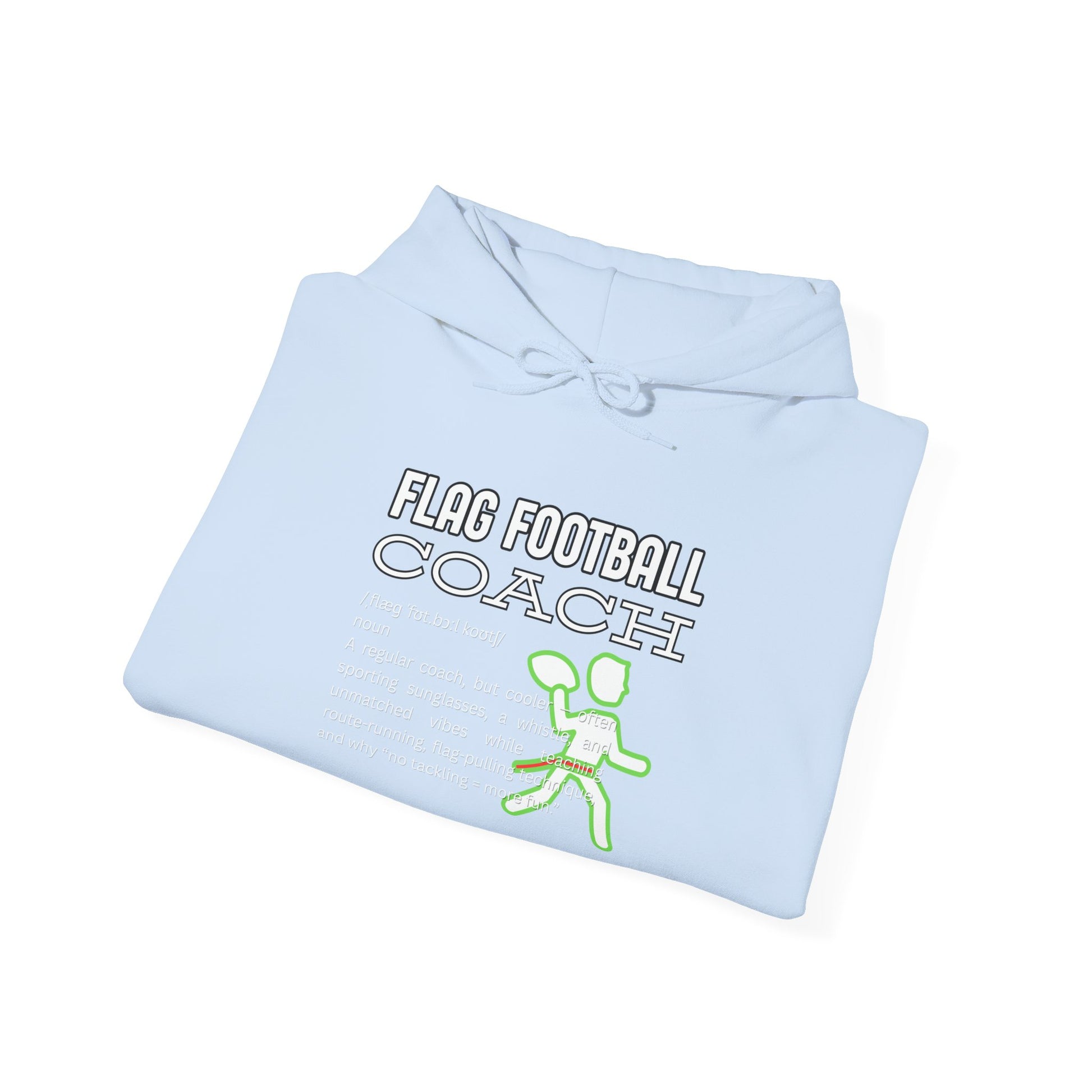 Folded light blue hoodie showing front "FLAG FOOTBALL COACH" print with neon green stick figure