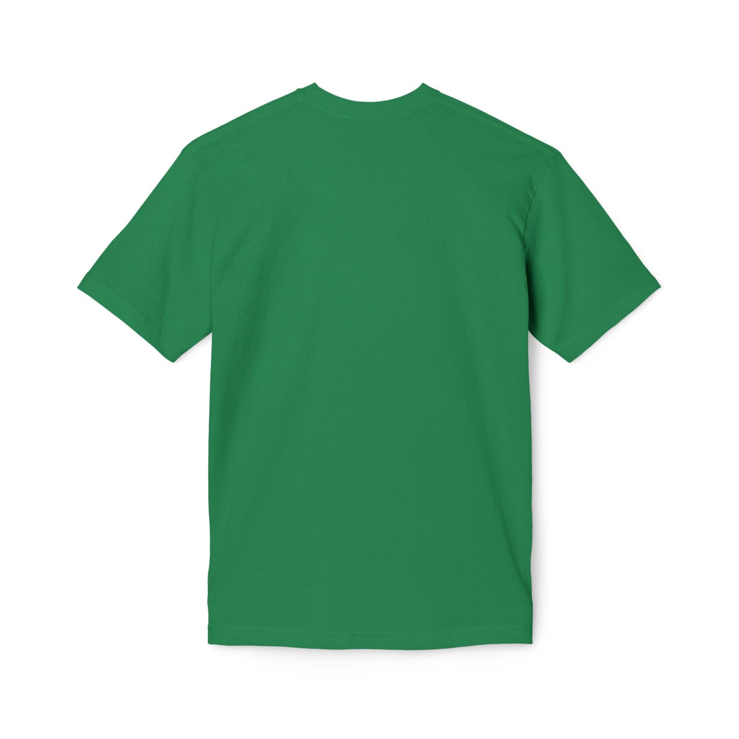 Back view of medium green unisex T-shirt, plain with crew neck and short sleeves