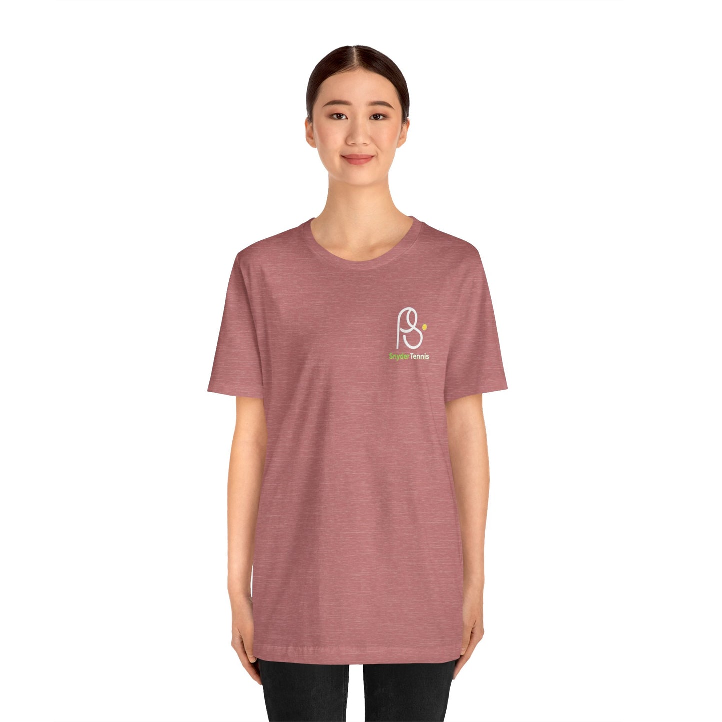 Smiling woman rocking front view of heather maroon tee with white PS ball logo and green "PS Tennis" chest print