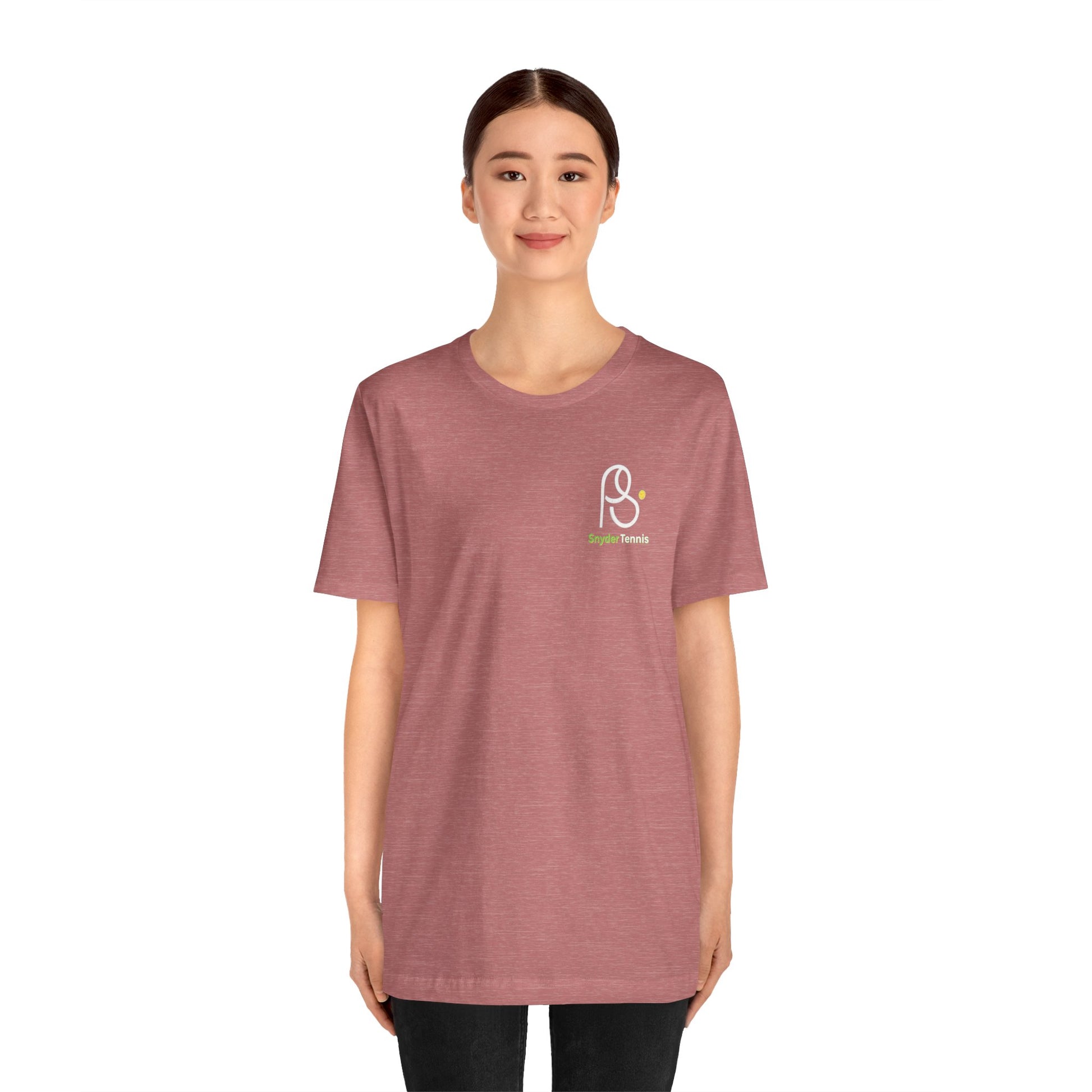Smiling woman rocking front view of heather maroon tee with white PS ball logo and green "PS Tennis" chest print
