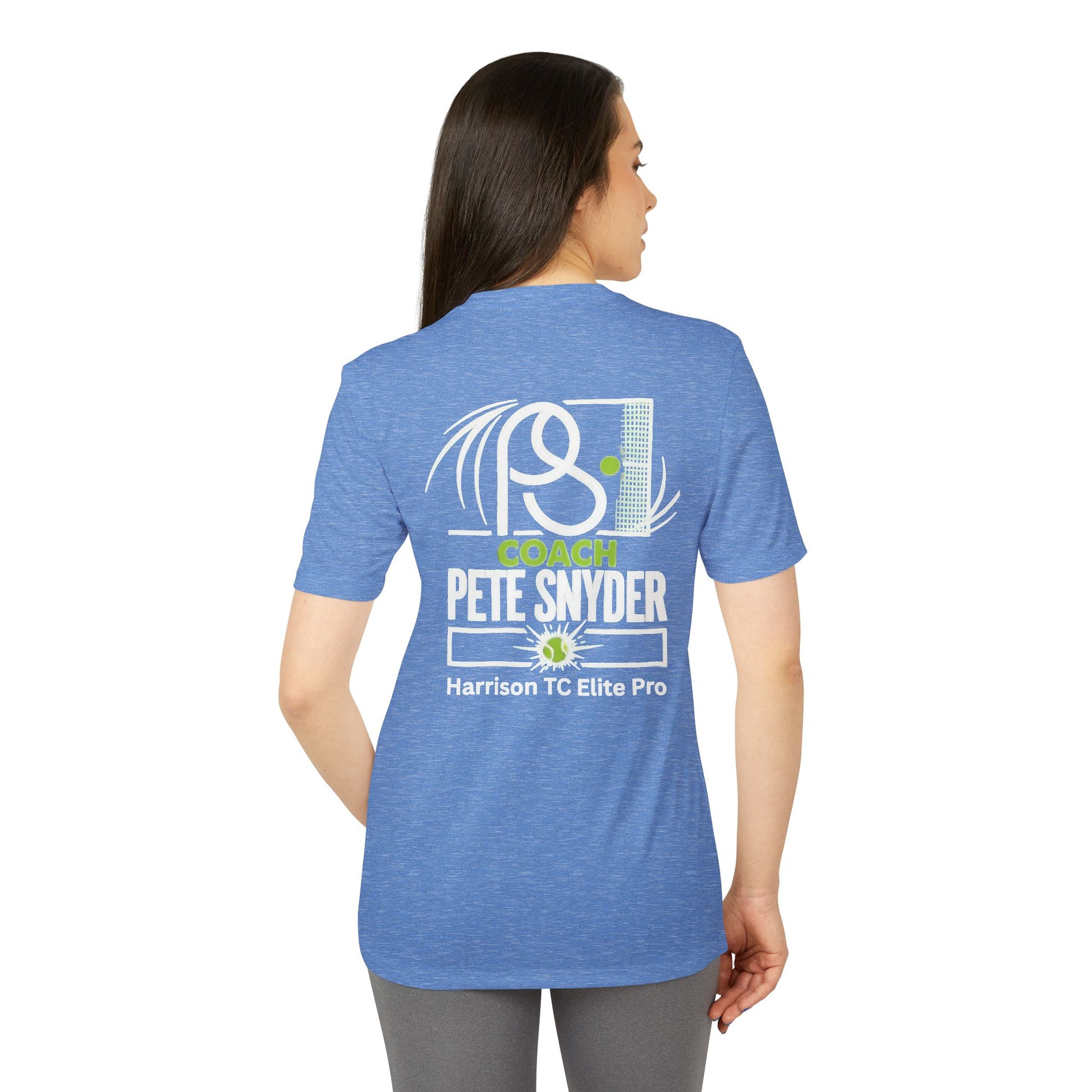 Back view on female model, Collegiate Royal Heather tee with white "COACH PETE SNYDER Harrison TC Elite Pro" tennis print and green ball
