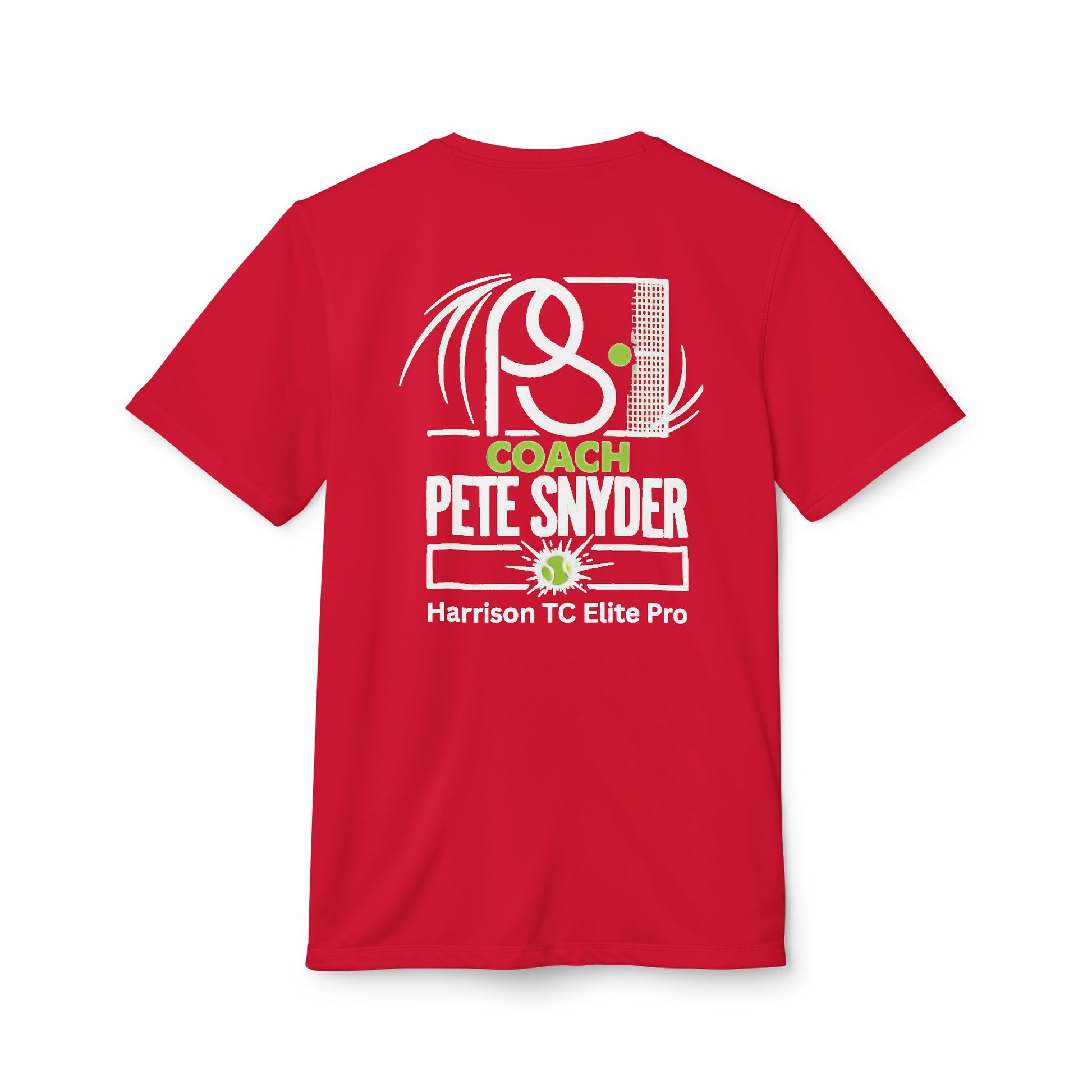 Back of Power Red adidas tee featuring Coach Pete Snyder pickleball design & Harrison TC Elite Pro