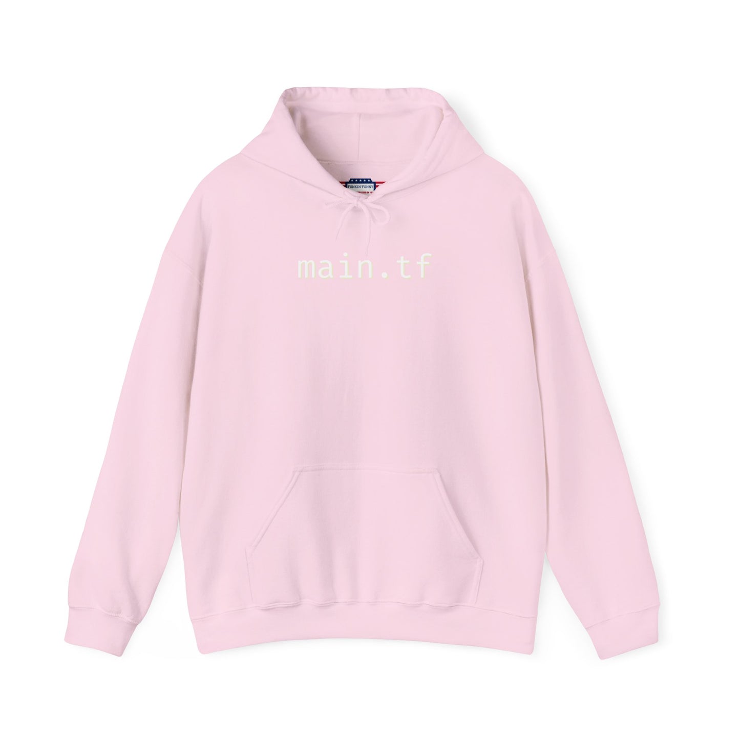 Front view of pink main.tf hoodie, playful white "main.tf" print on soft fabric