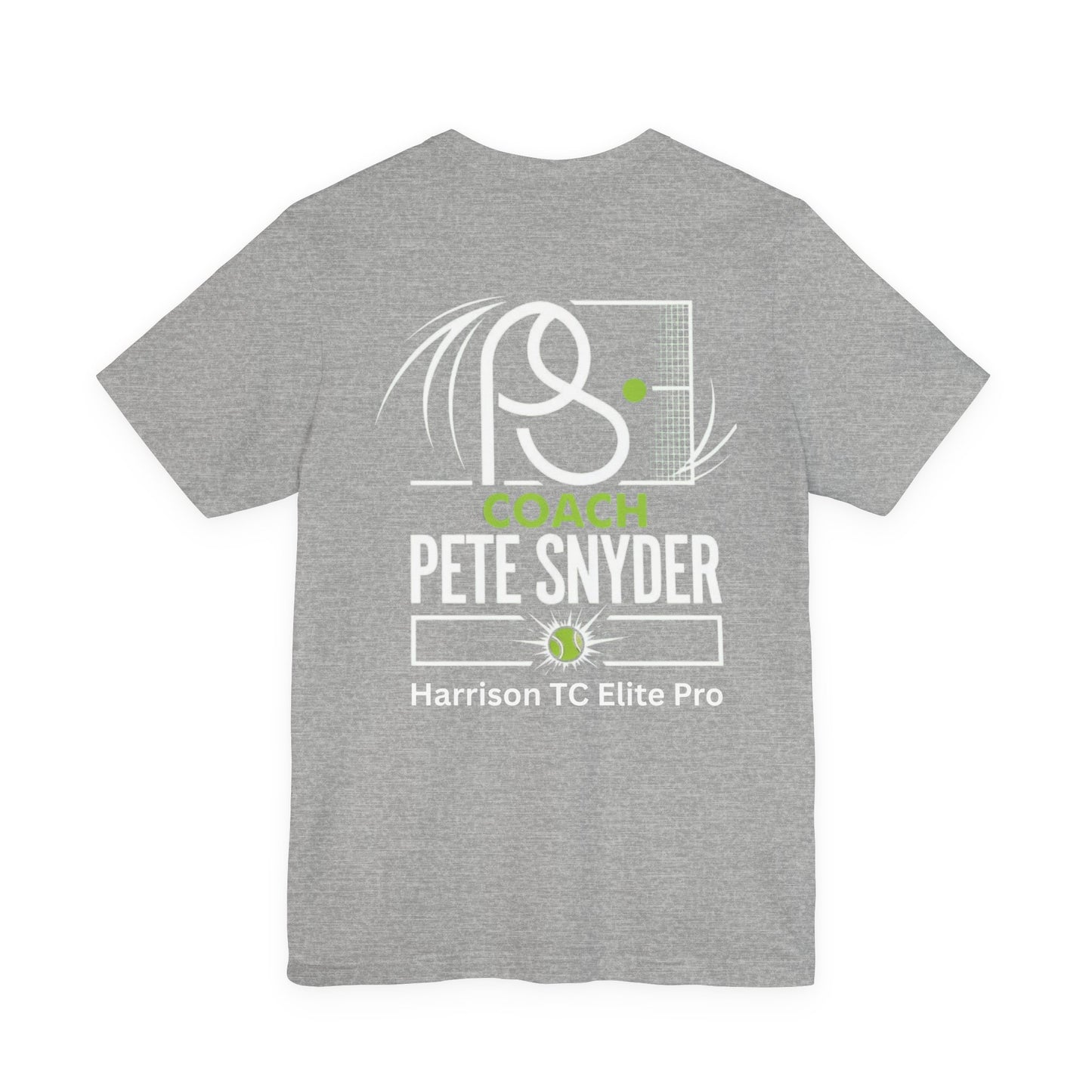 Male model in heather gray Coach Pete Snyder tennis tee, front view highlighting chest logo, relaxed stance