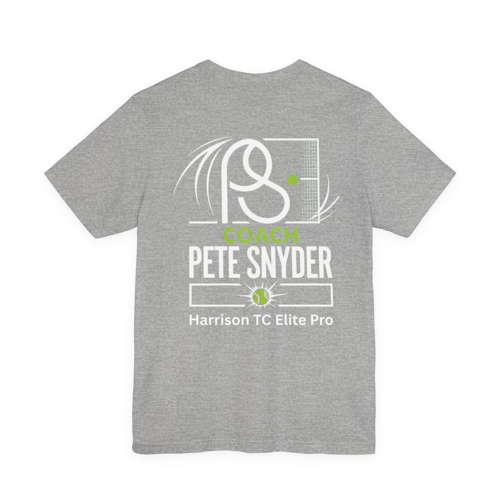 Male model in heather gray Coach Pete Snyder tennis tee, front view highlighting chest logo, relaxed stance