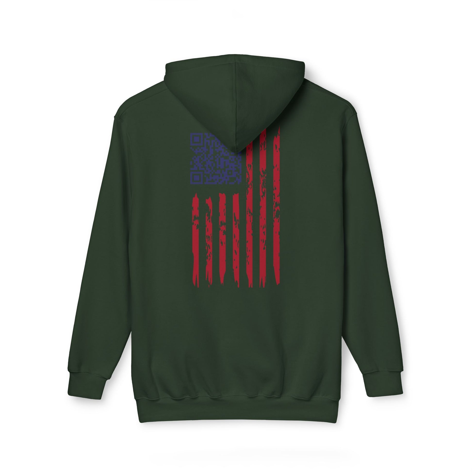 Flat back of hunter green hoodie with weathered American flag print and QR code