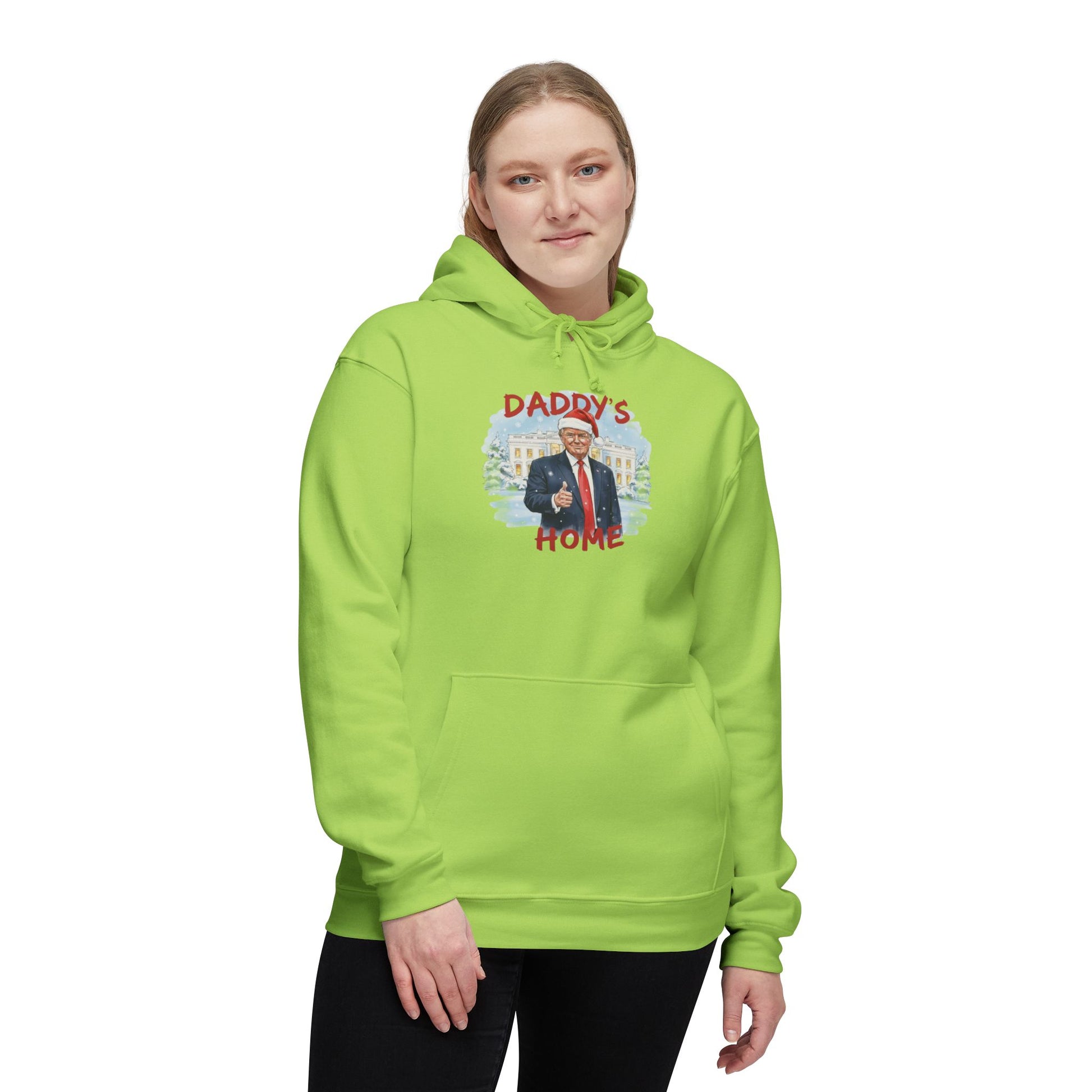 Woman wearing front of lime green "Daddy's Home" Trump Christmas hoodie with Santa hat design