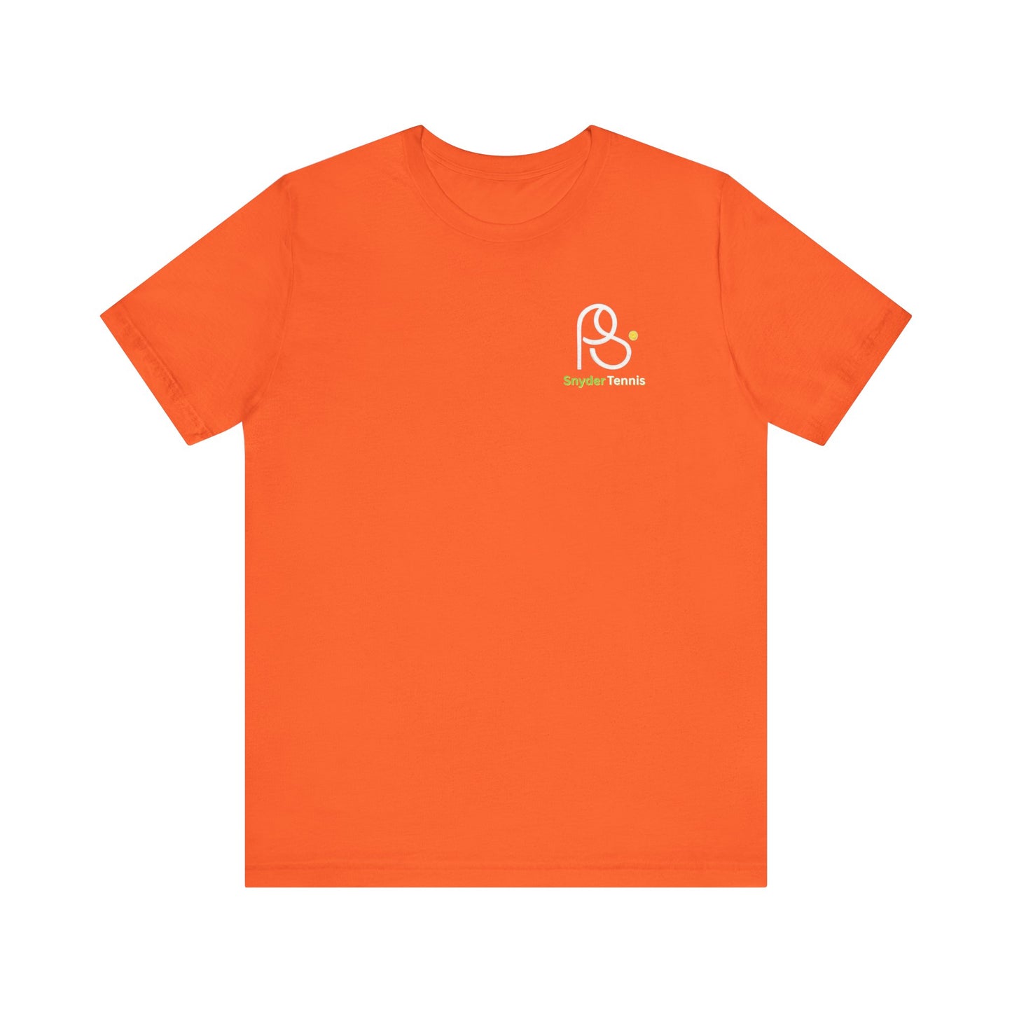Front view of vibrant orange cotton tee with white P.S. logo and green P.S. Tennis print on left chest