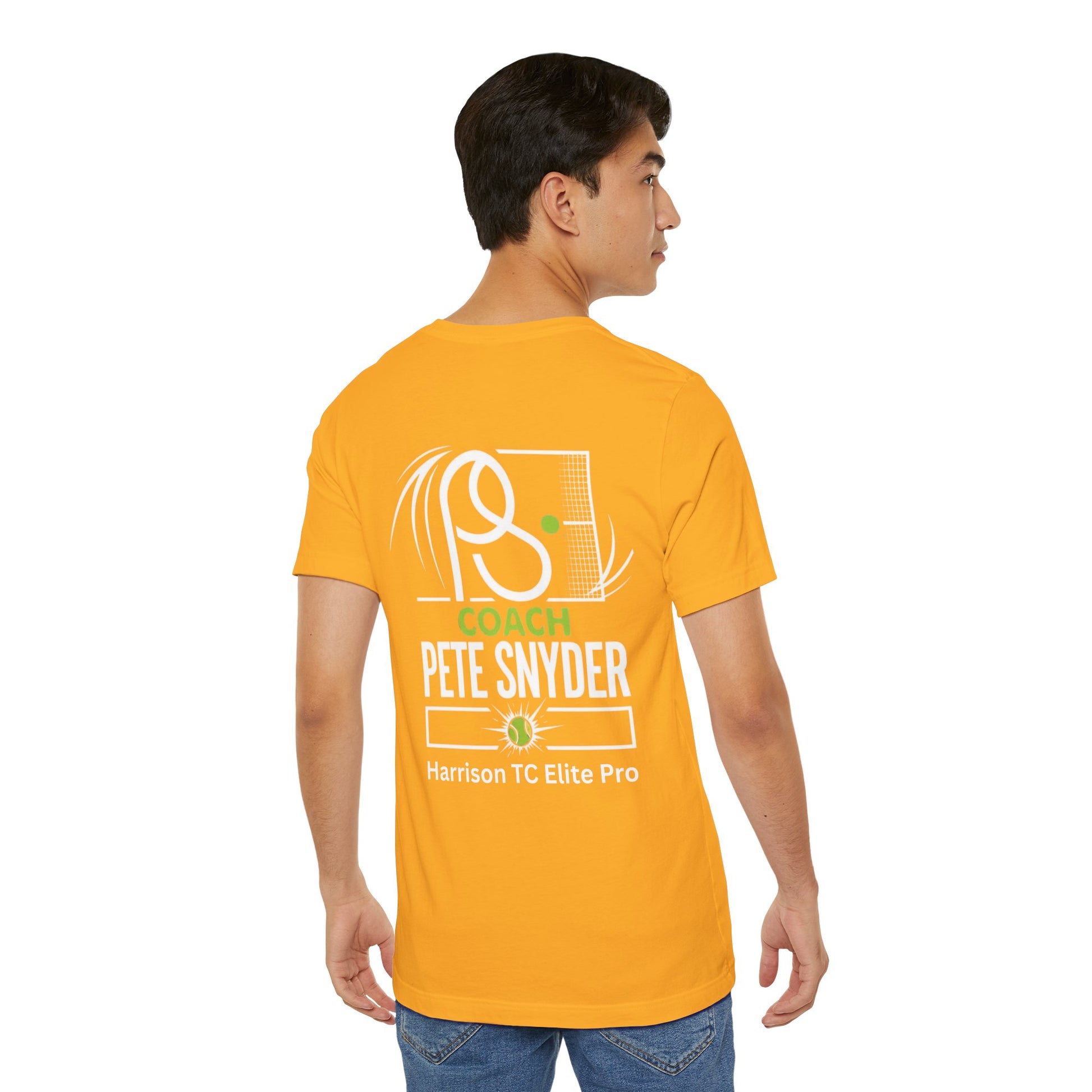 Male model back view in gold tee, Coach Pete Snyder tennis graphic with Harrison TC Elite Pro text