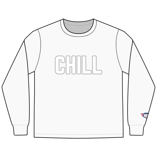 Front view of white men's long sleeve Chill tee with bold outlined "CHILL" print and tiny US flag on cuff