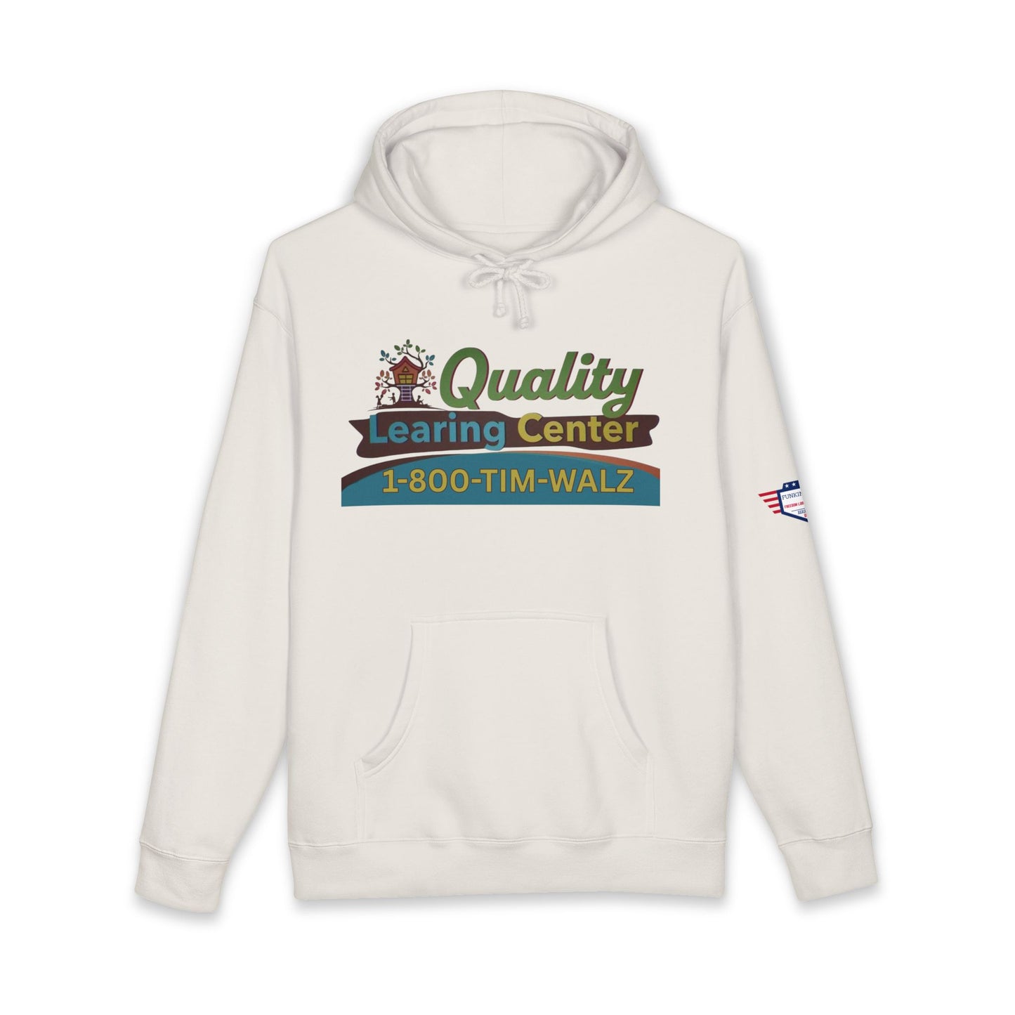 Front view of bone Quality Learing Center hoodie featuring vintage logo, 1-800-TIM-WALZ, flag on sleeve