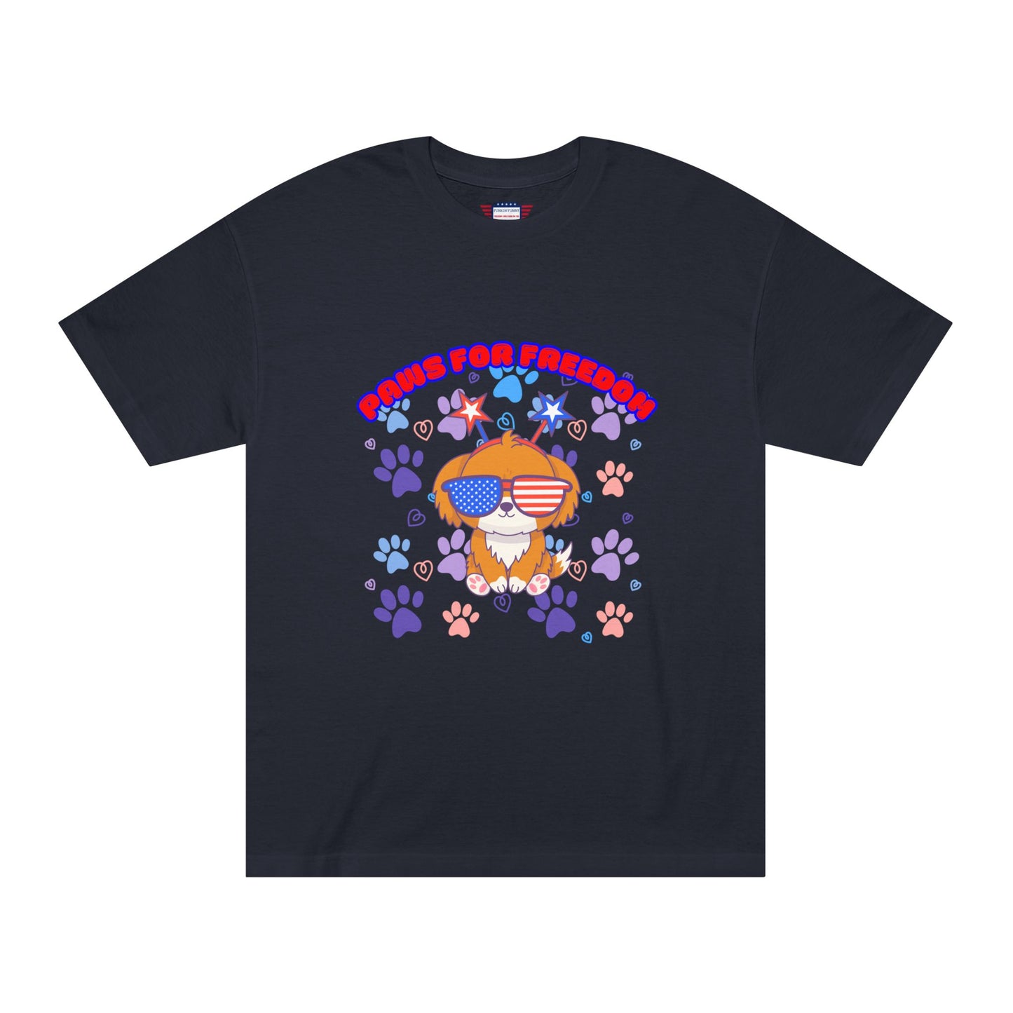 Black 'Paws for Freedom' tee front flat lay, Gildan label, shaded pup design with stars, paws & hearts