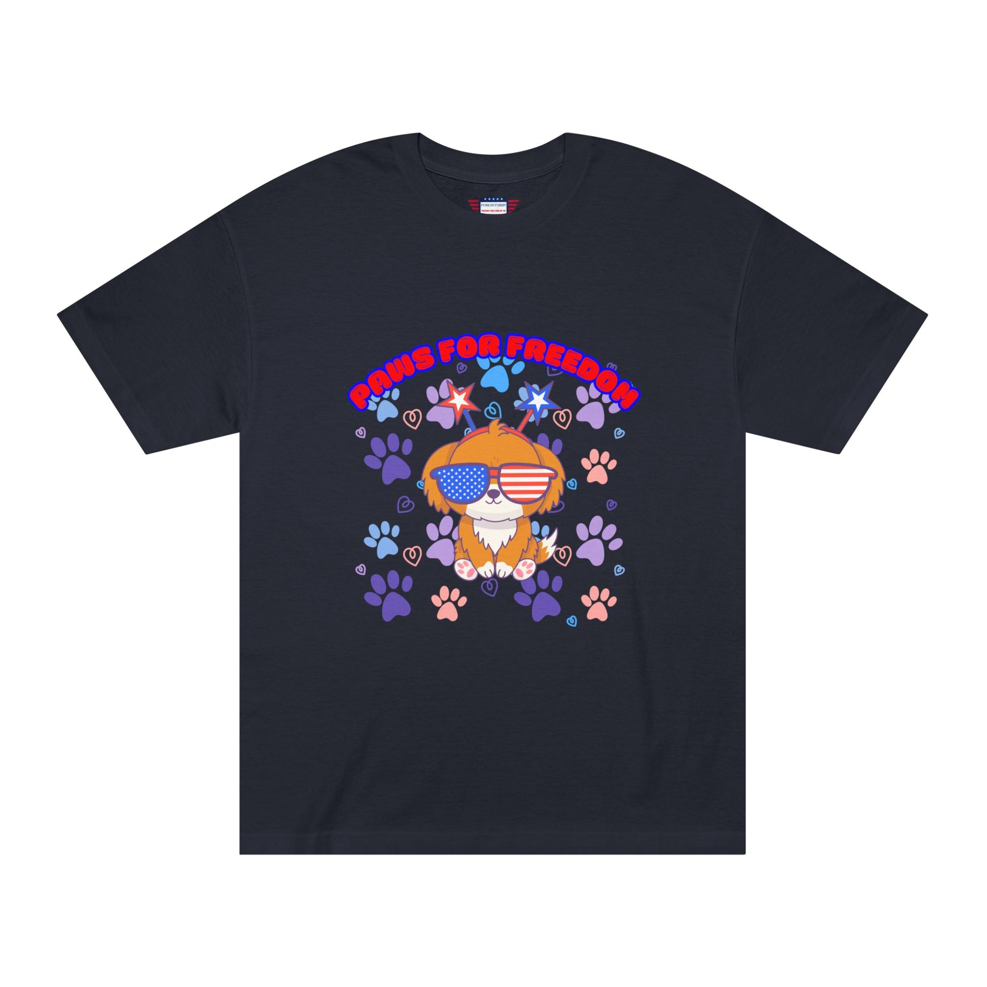 Black 'Paws for Freedom' tee front flat lay, Gildan label, shaded pup design with stars, paws & hearts