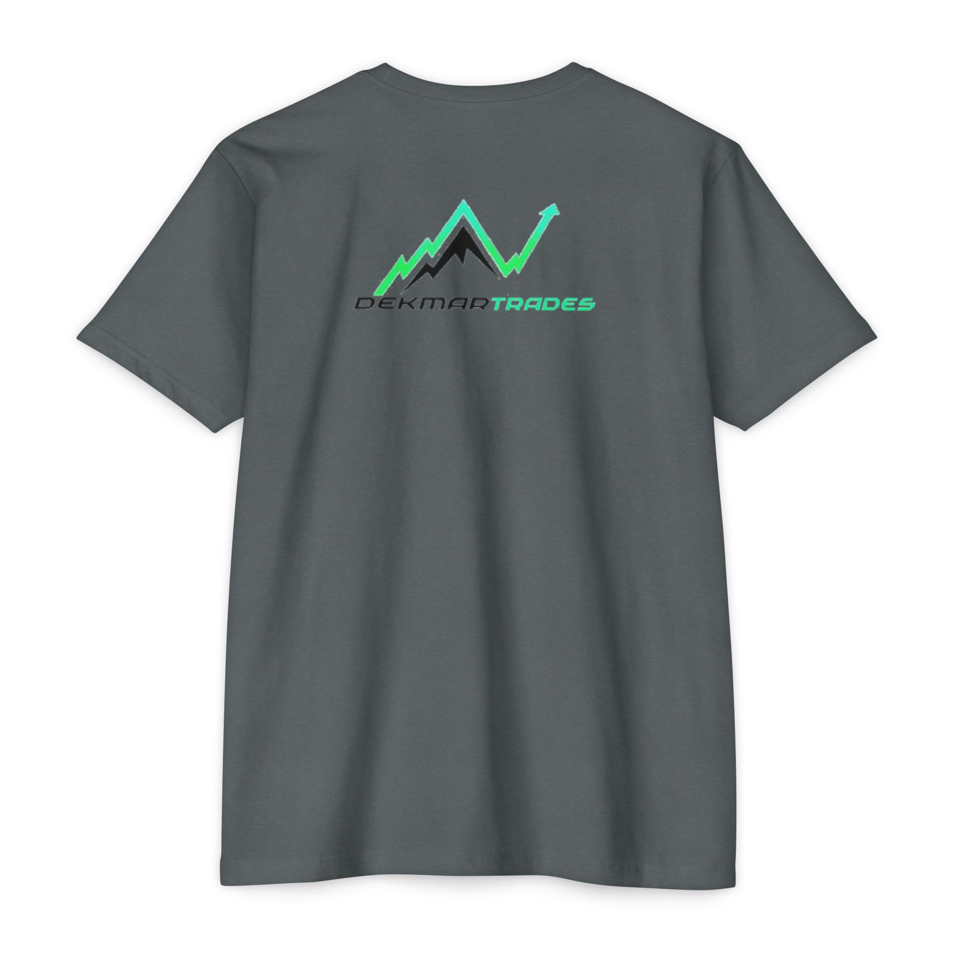 Back view of charcoal gray t-shirt with green mountain chart graphic and "Dekmar Trades" text