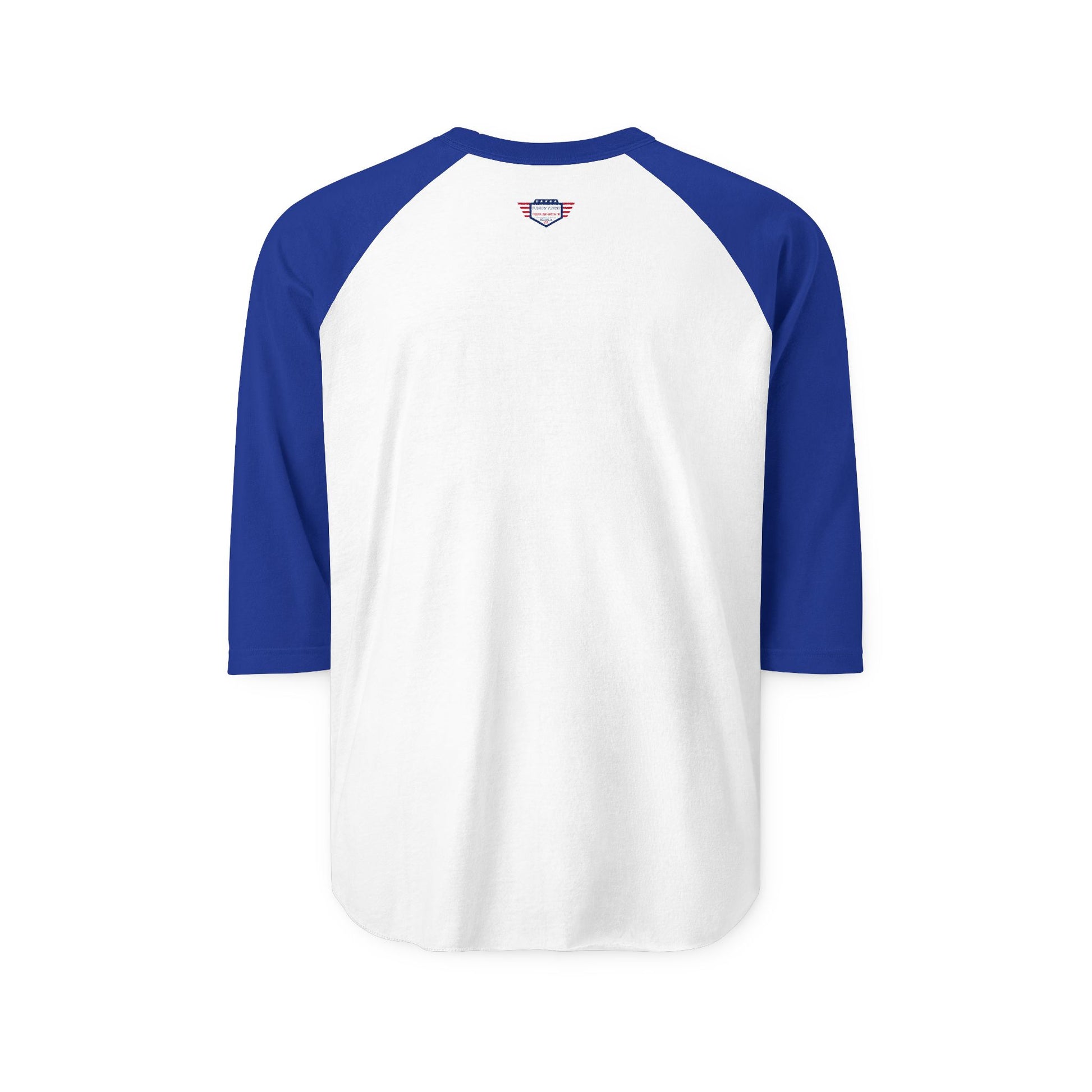 Back view of white baseball-style raglan with royal blue sleeves, neck label accents