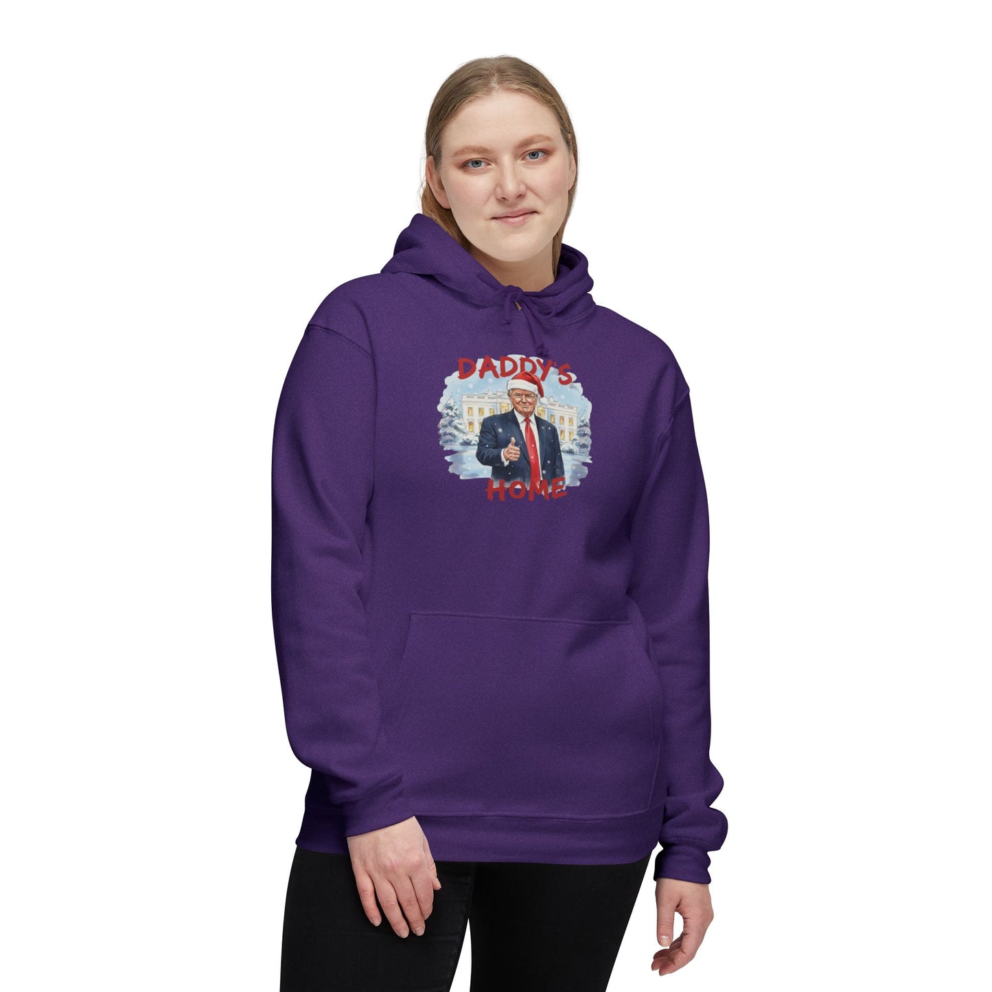 Front view woman in purple "Daddy's Home" hoodie, Trump Santa hat graphic