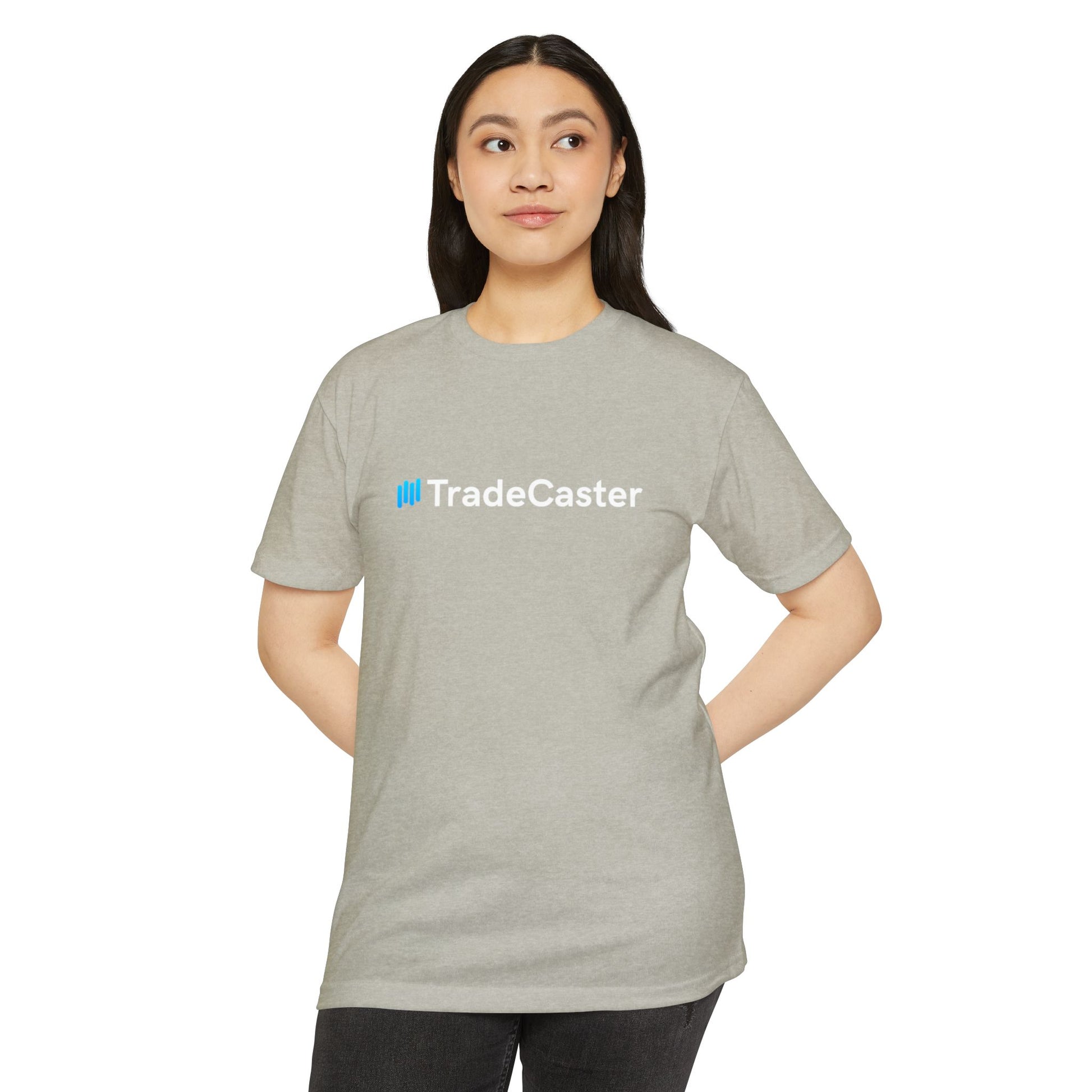 Female model front view of heather gray TradeCaster tee, cyan logo, hands on hips vibe