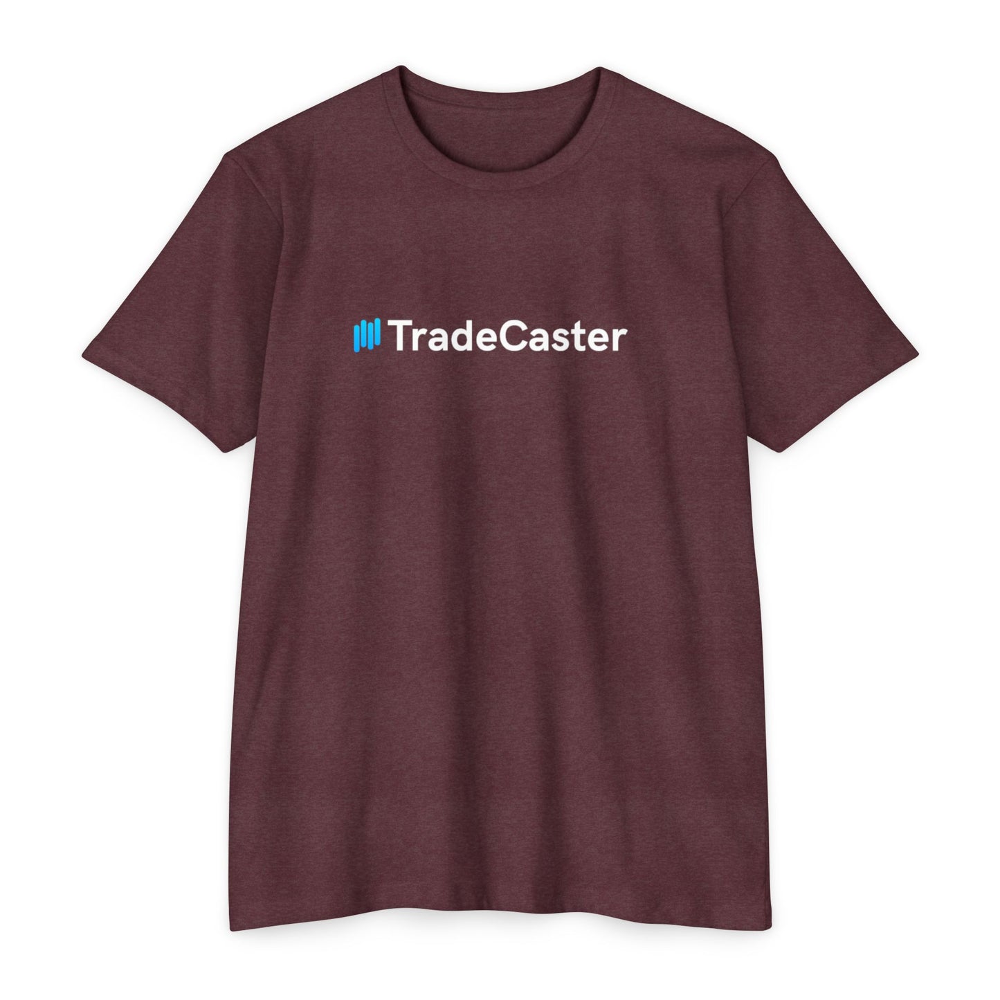 Front flat lay of burgundy unisex CVC jersey t-shirt with centered blue "||TradeCaster" logo print