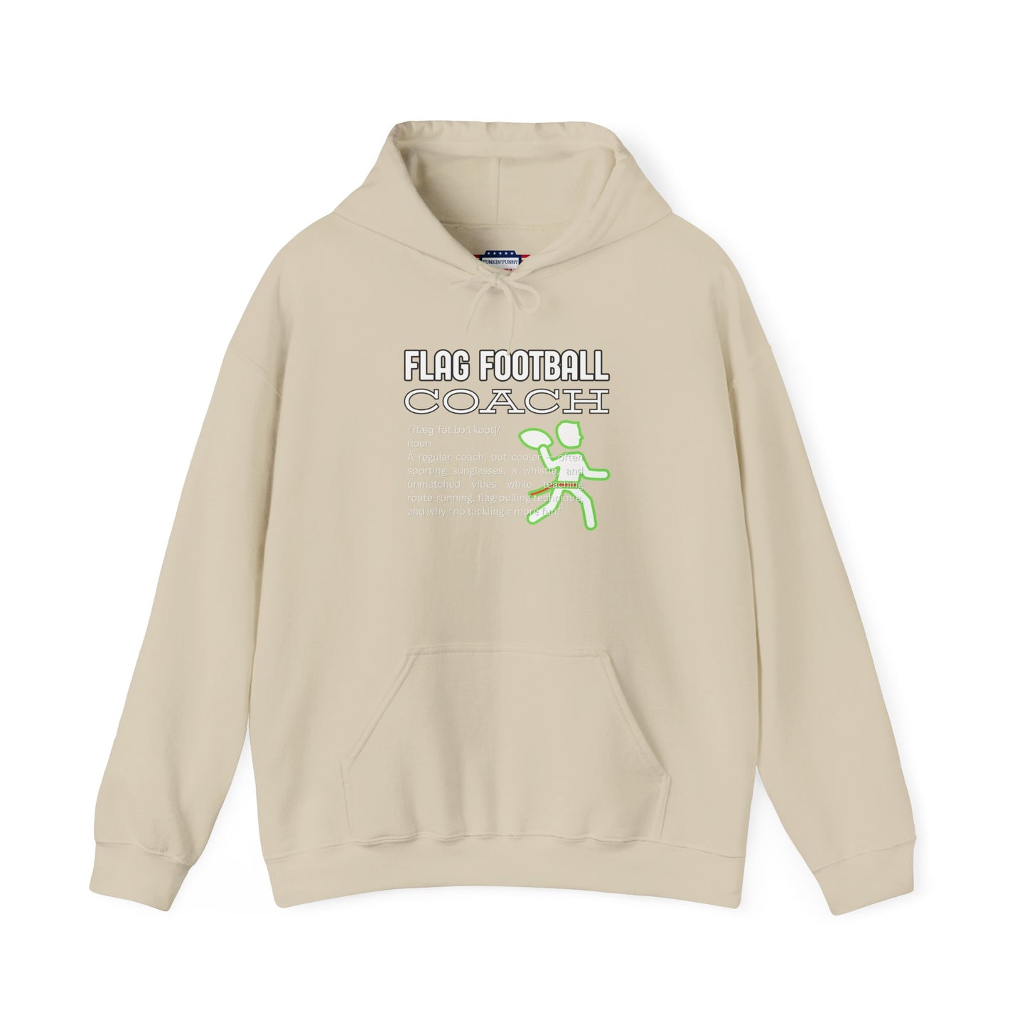 Front view of sand Flag Football Coach hoodie with gray outline text, neon green runner graphic