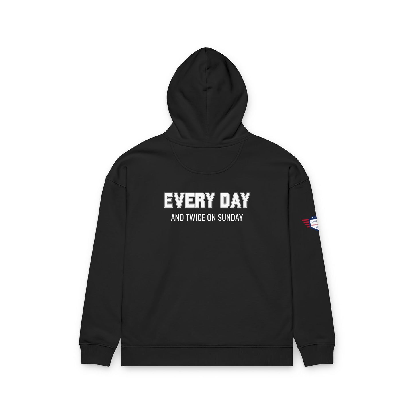 Back view of black Bonus Dad hoodie with white "EVERY DAY AND TWICE ON SUNDAY" text and US flag sleeve patch