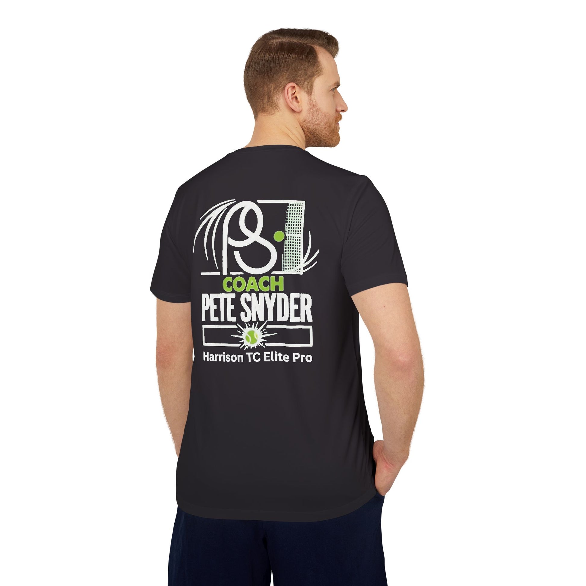 Male model back in black tee: Coach Pete Snyder Harrison TC Elite Pro pickleball graphics