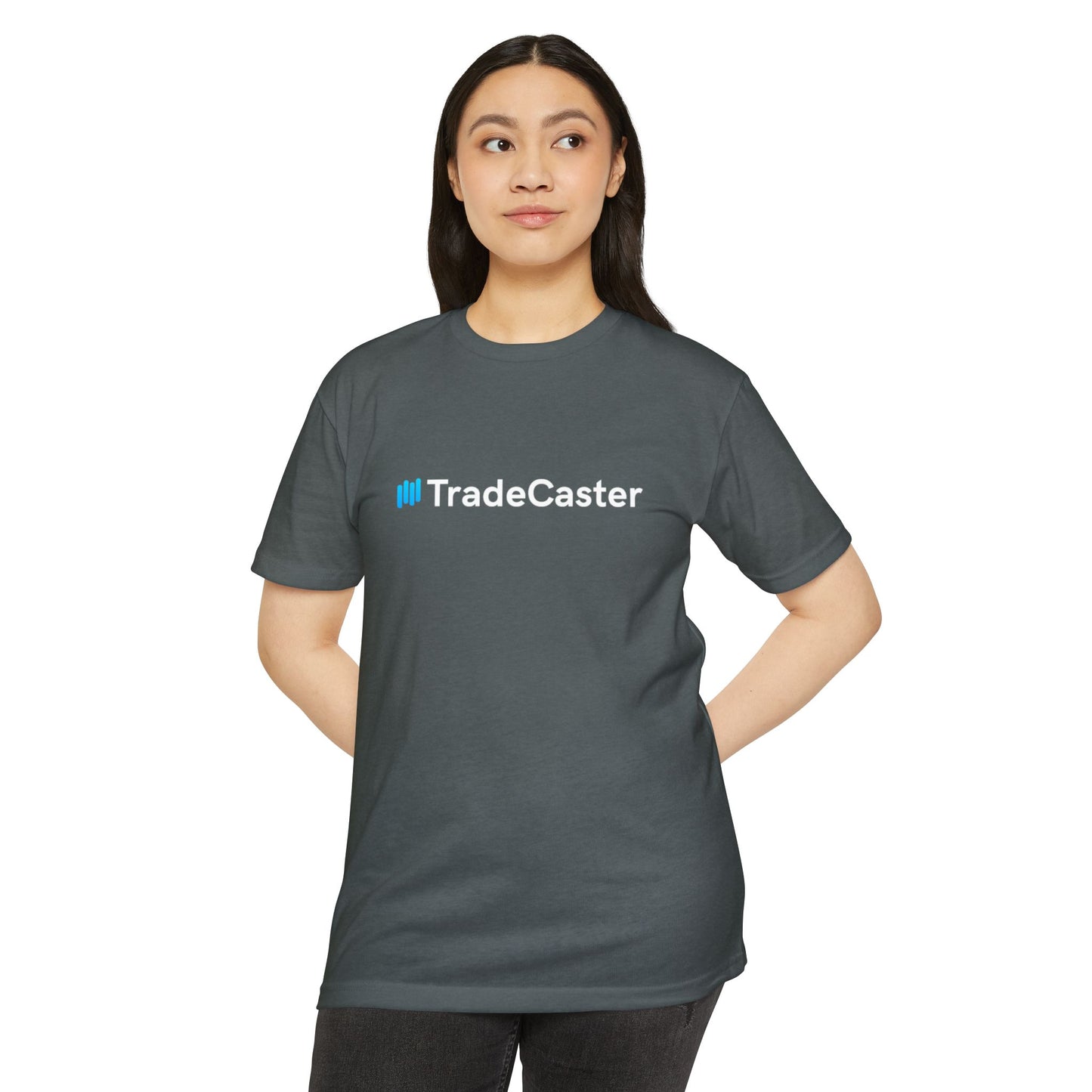 Asian woman poses front in charcoal gray TradeCaster t-shirt, blue text on unisex CVC jersey