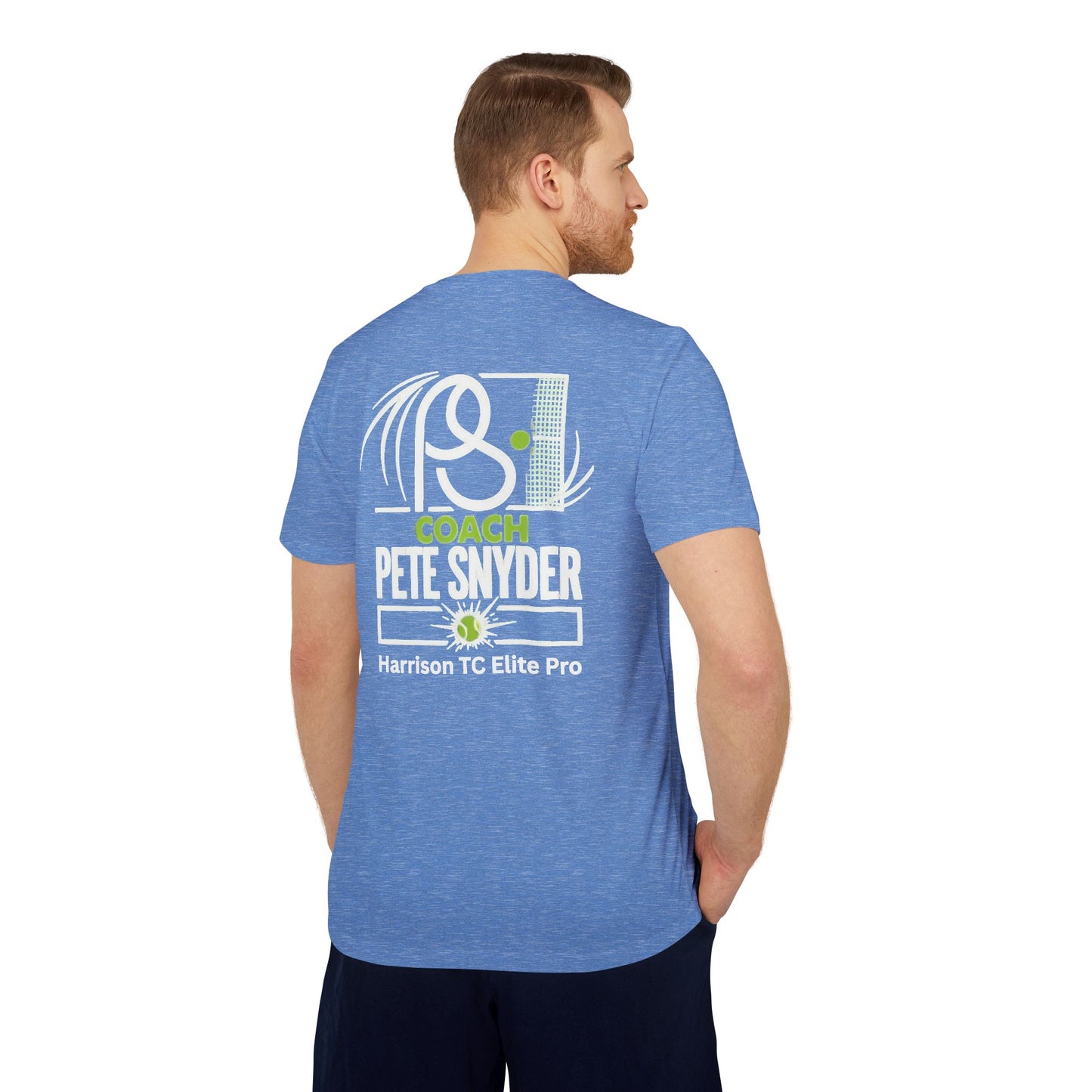Male model back view, Collegiate Royal Heather tee flaunting "COACH PETE SNYDER" tennis racket/net print and Harrison TC Elite Pro