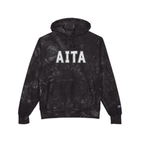 Front view of navy tie-dye Champion hoodie with white "AITA" chest embroidery and sleeve "C" logo