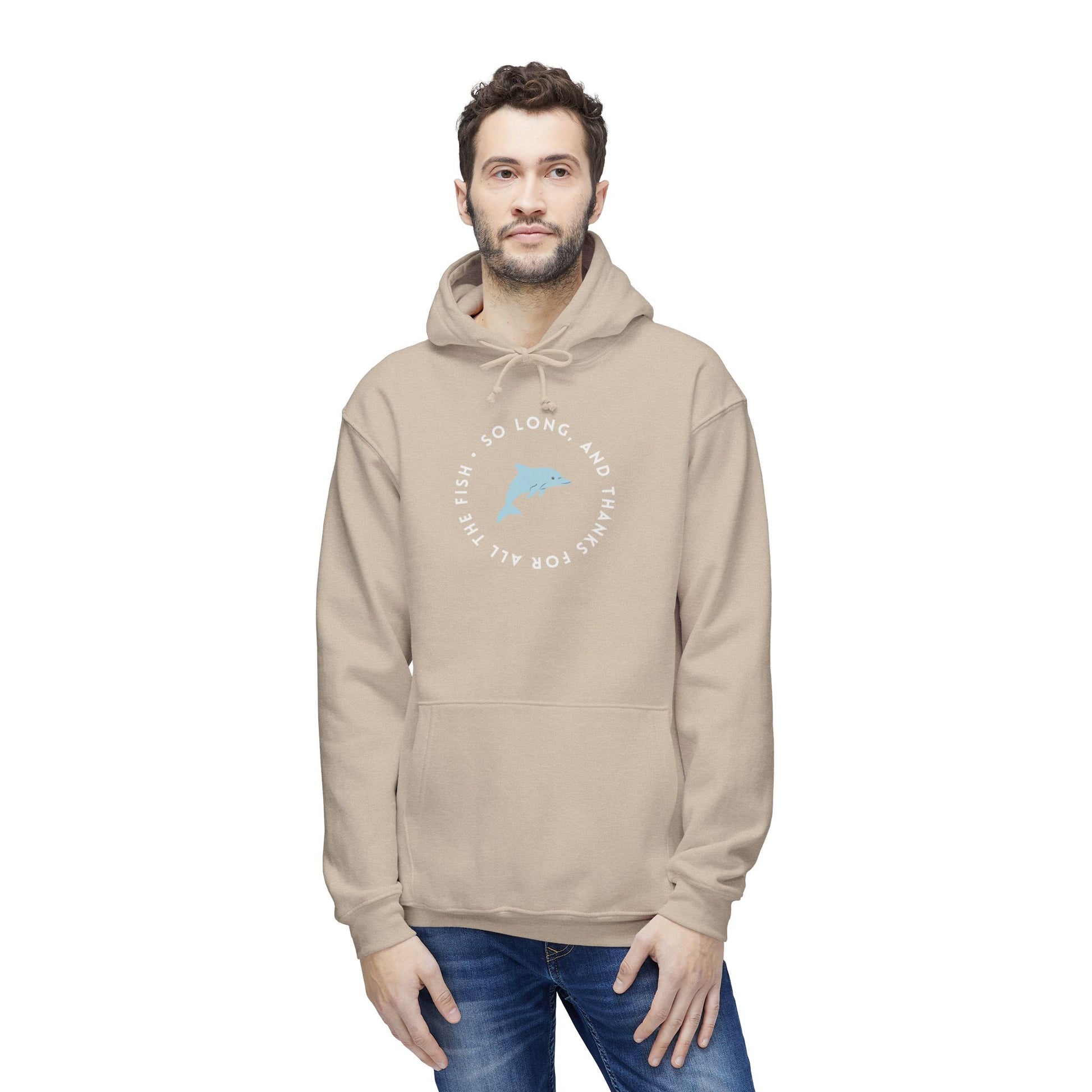Bearded guy in sand hoodie rocking front view of white "So long, and thanks for all the fish" circle with blue dolphin