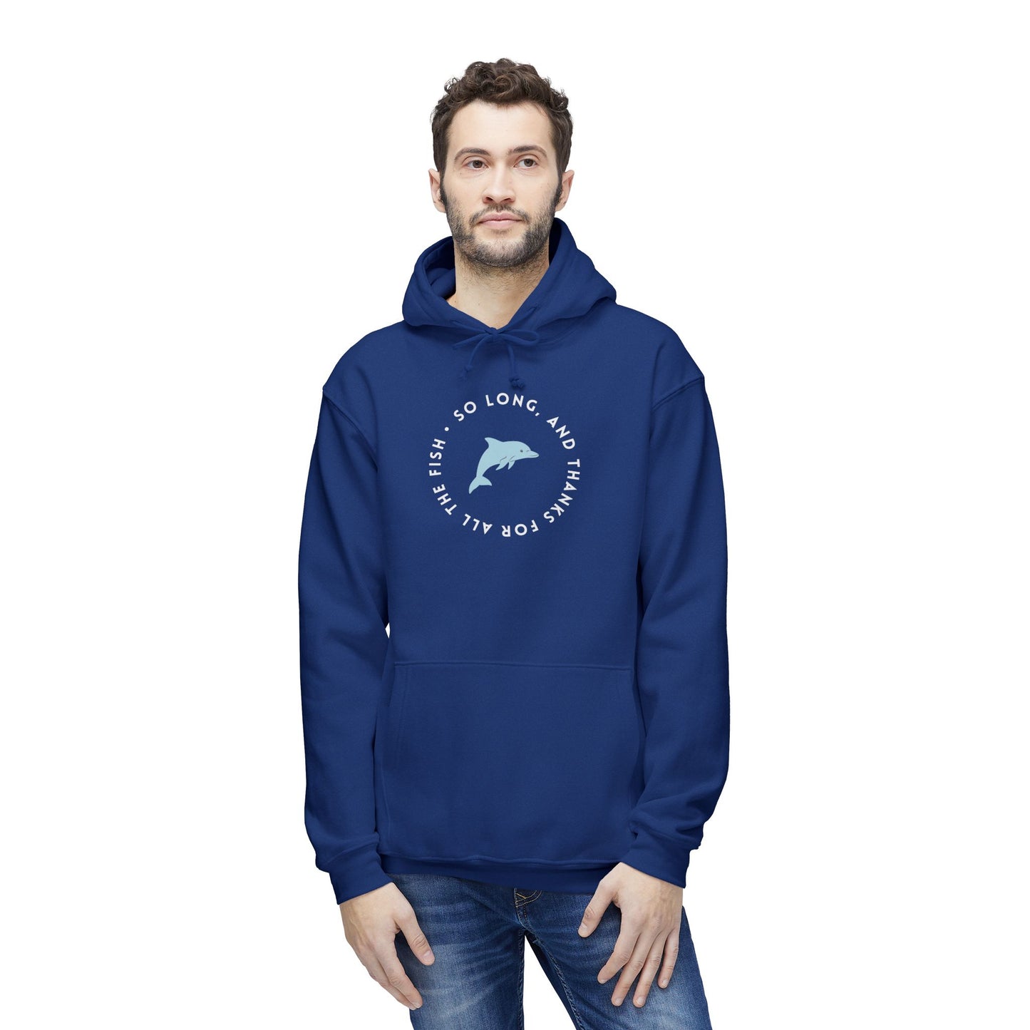Guy in navy hoodie front view, "So long, and thanks for all the fish" dolphin graphic in white and light blue circle