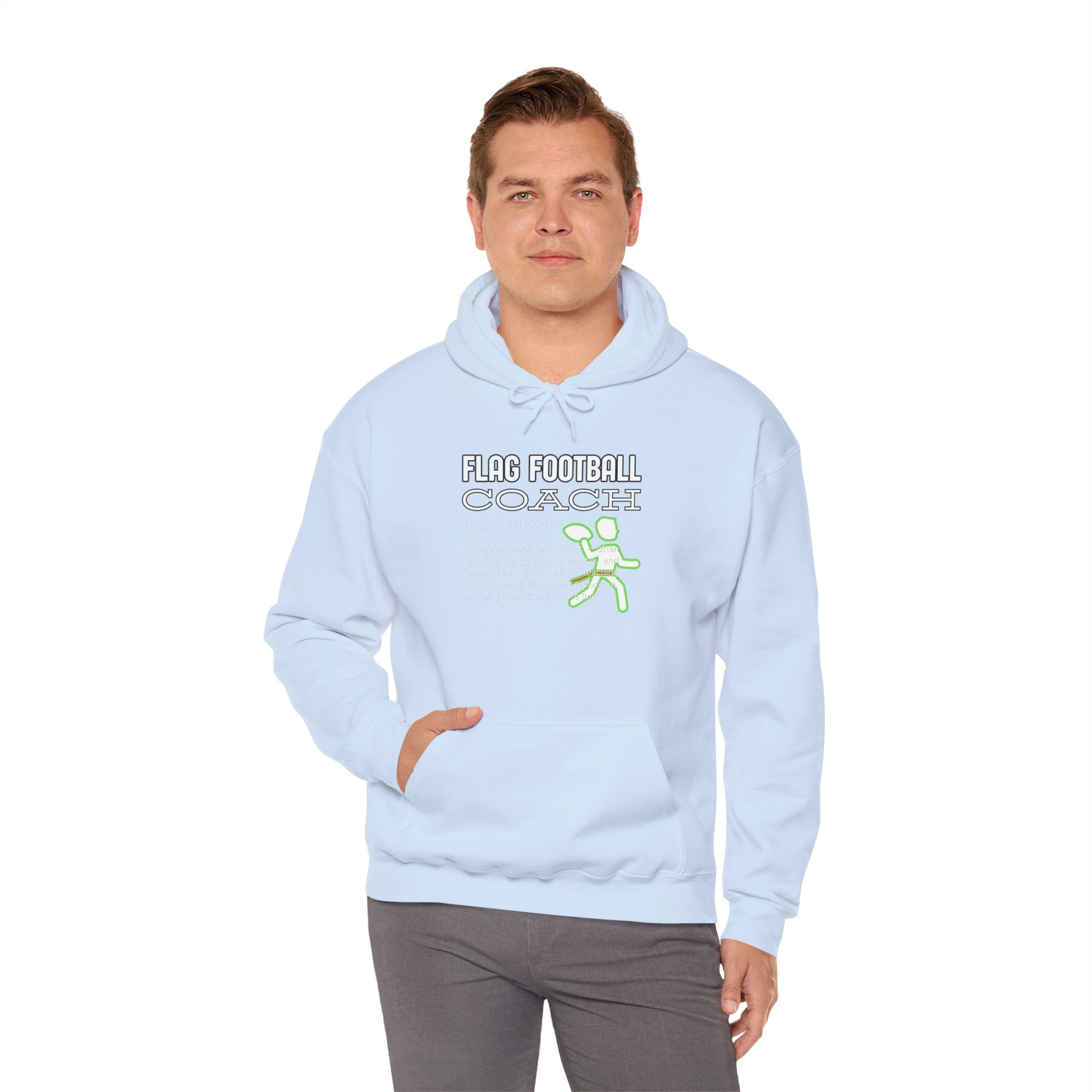 Male model wearing light blue Flag Football Coach hoodie front, dictionary print and green runner accents