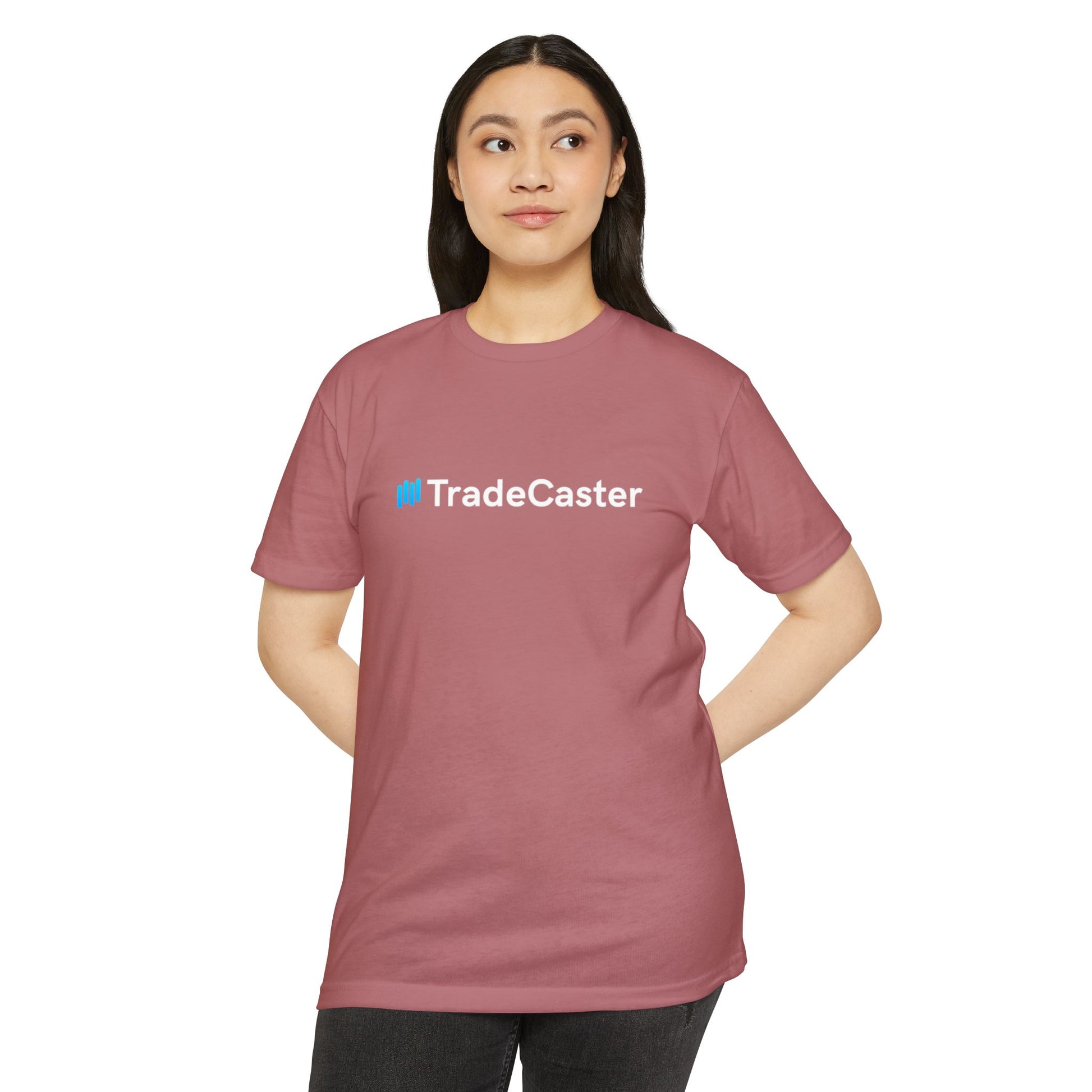 Woman model front view rocking heather maroon TradeCaster t-shirt, blue #TradeCaster print
