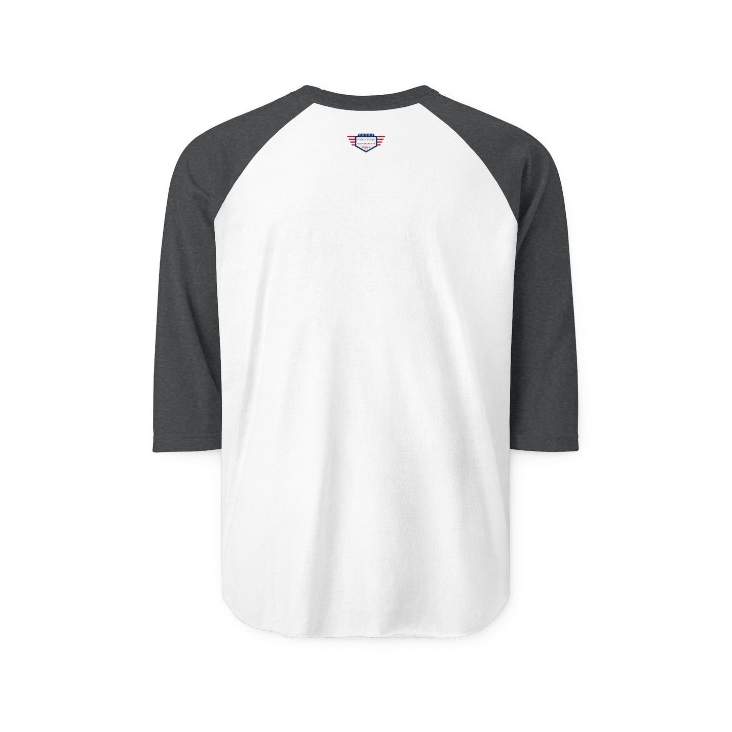 Back view of white raglan shirt with black sleeves and small neck label, pure klunker comfort
