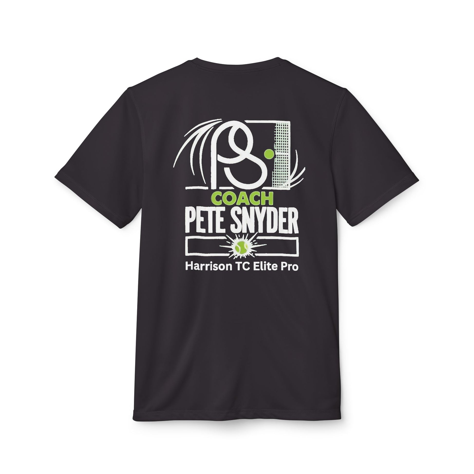 Back of black adidas tee with white Coach Pete Snyder print, pickleball net & Harrison TC Elite Pro design