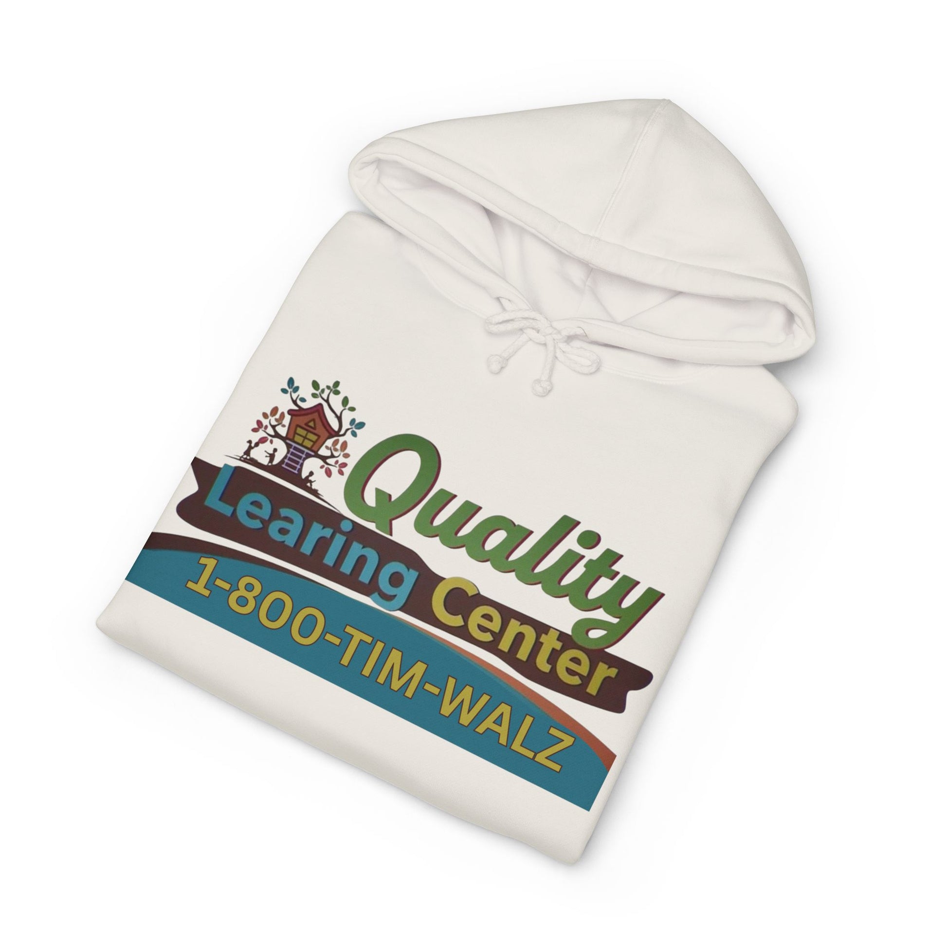 Folded white Quality Learing Center hoodie flat lay with detailed logo and full size chart graphic