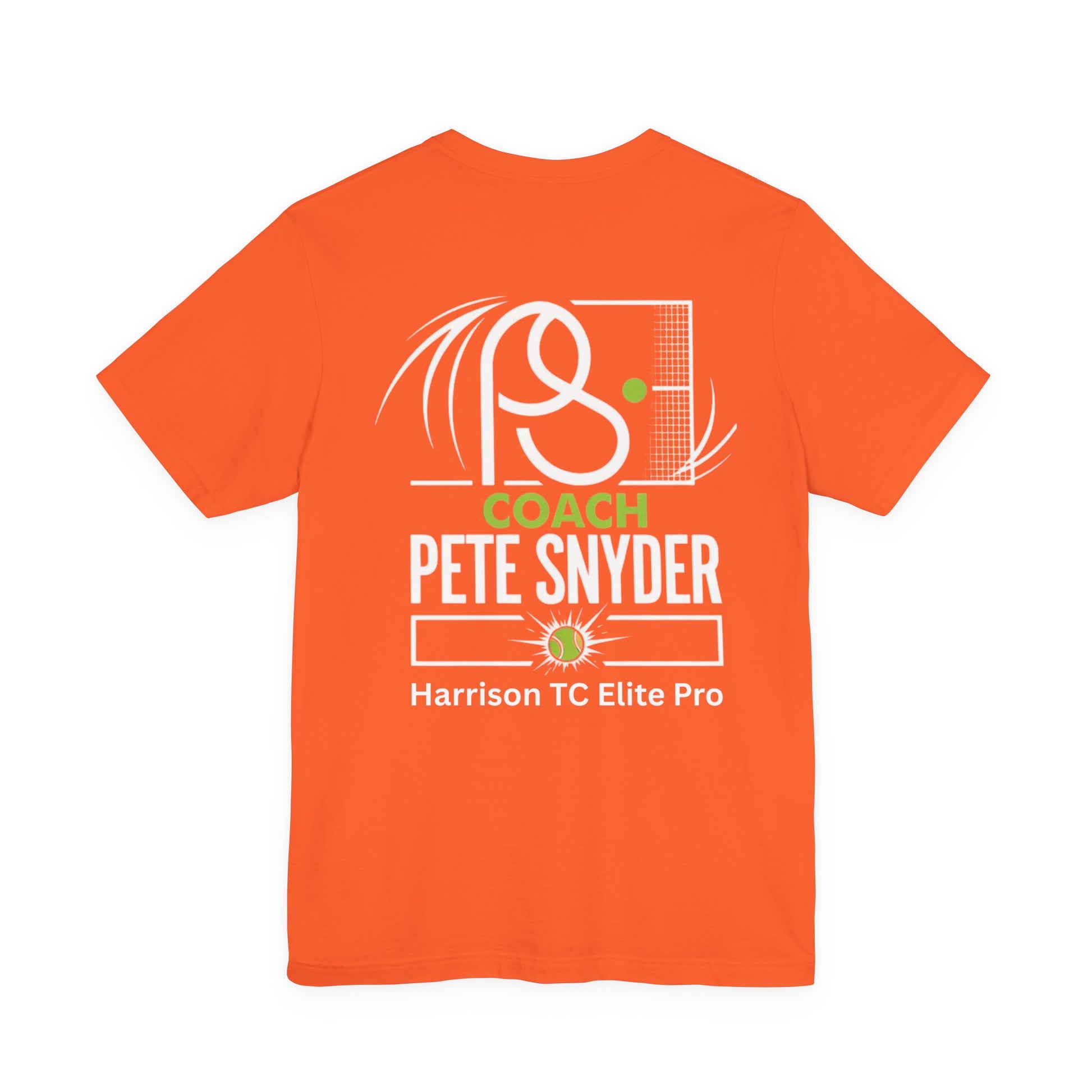 Man model front view rocking orange Coach Pete Snyder tennis tee, white PS Harrison Tennis logo on chest