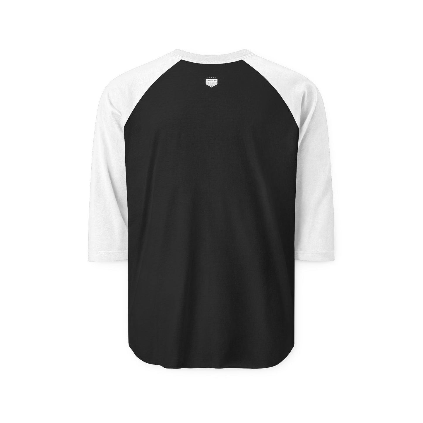 Back view of black raglan shirt with white 3/4 sleeves, clean with small neck label badge