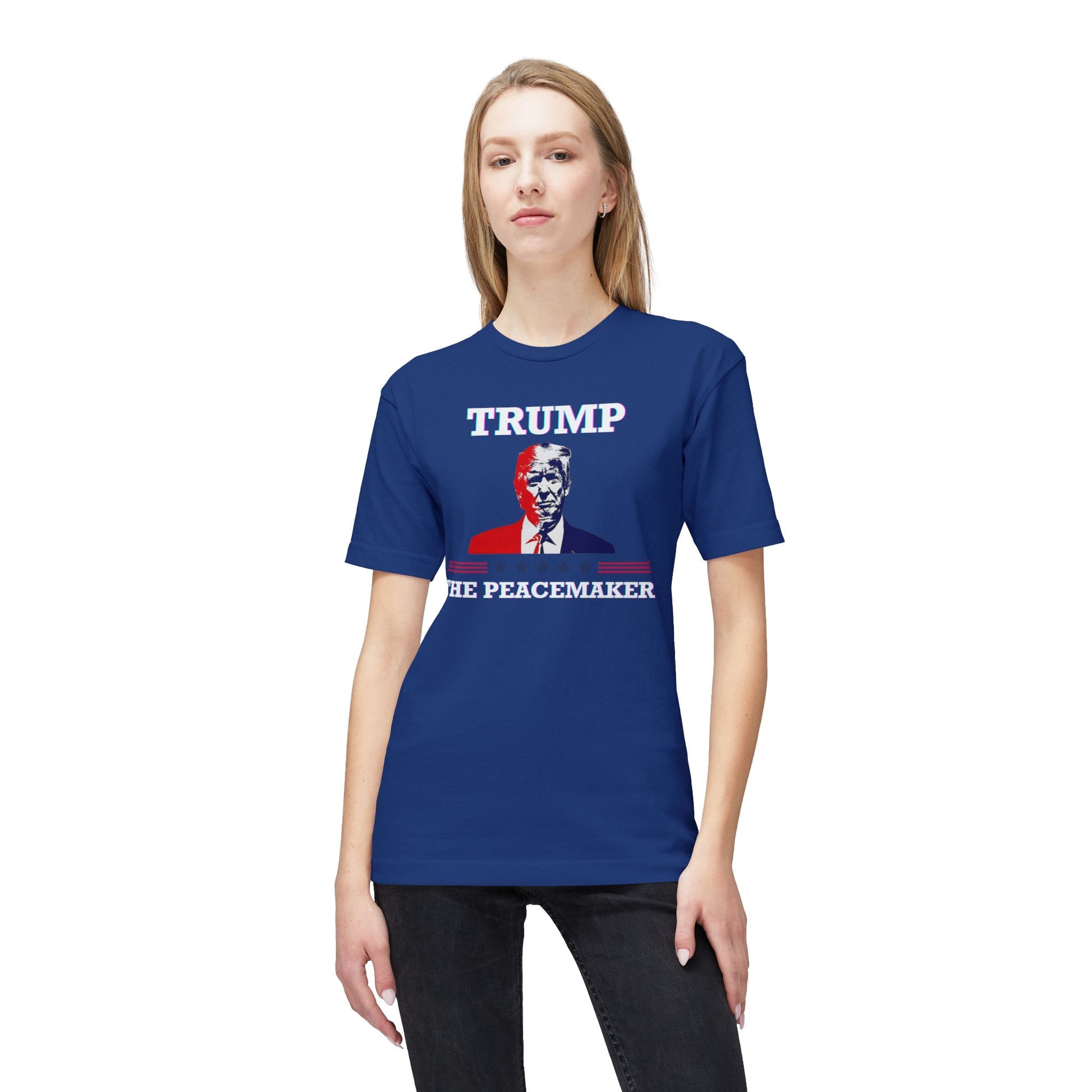 Blonde model fronts navy blue "TRUMP HE PEACEMAKER" satirical portrait T-shirt