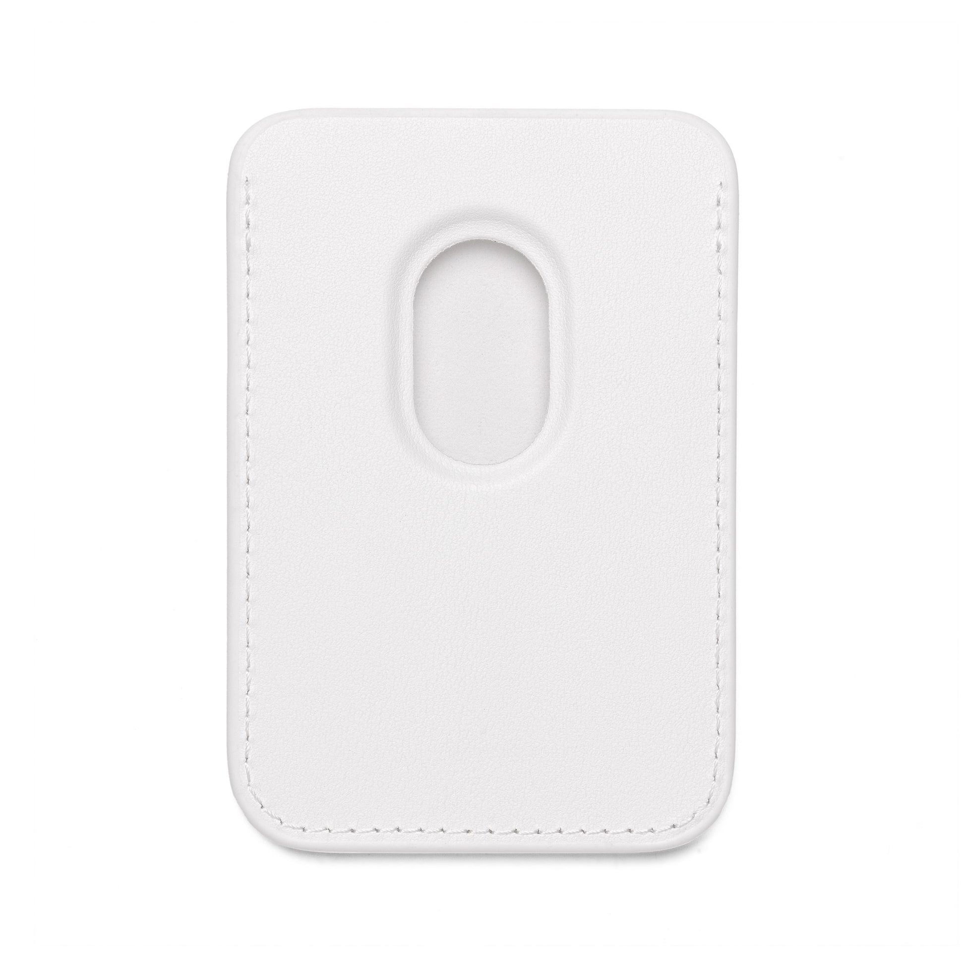 Plain white vegan leather MagSafe wallet front with central oval recess for sleek card access