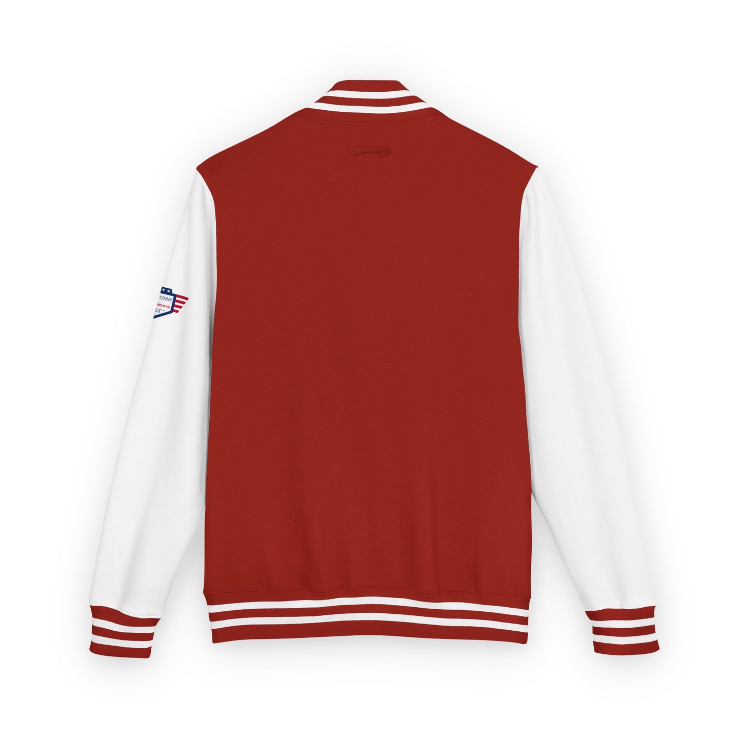 Back view of scarlet red OSU letterman jacket with white sleeves, USA flag patch on sleeve, clean varsity style for tailgate vibes