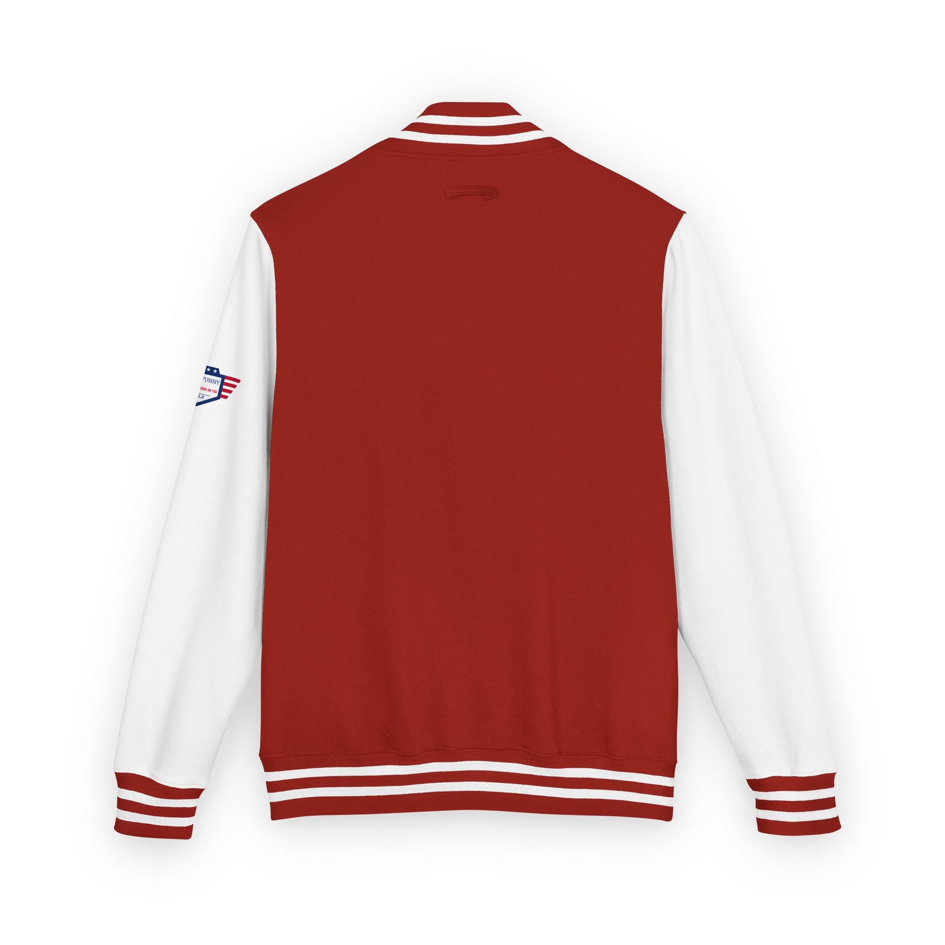 Back view of scarlet red OSU letterman jacket with white sleeves, USA flag patch on sleeve, clean varsity style for tailgate vibes