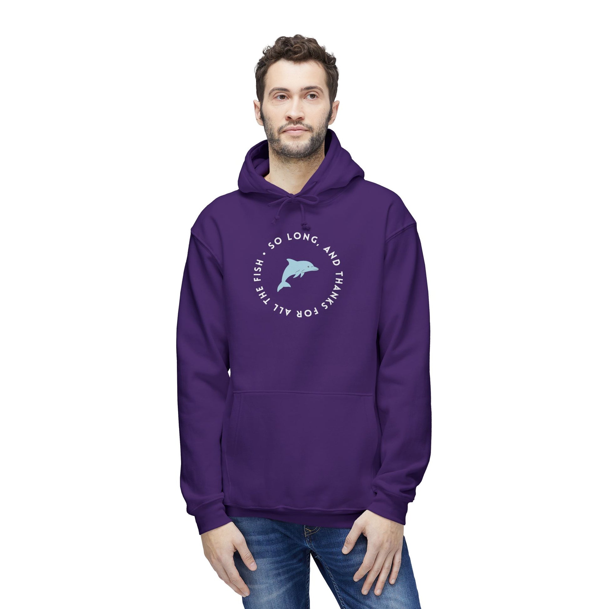 Man modeling front of purple hoodie with "So long, and thanks for all the fish" white text circling light blue dolphin
