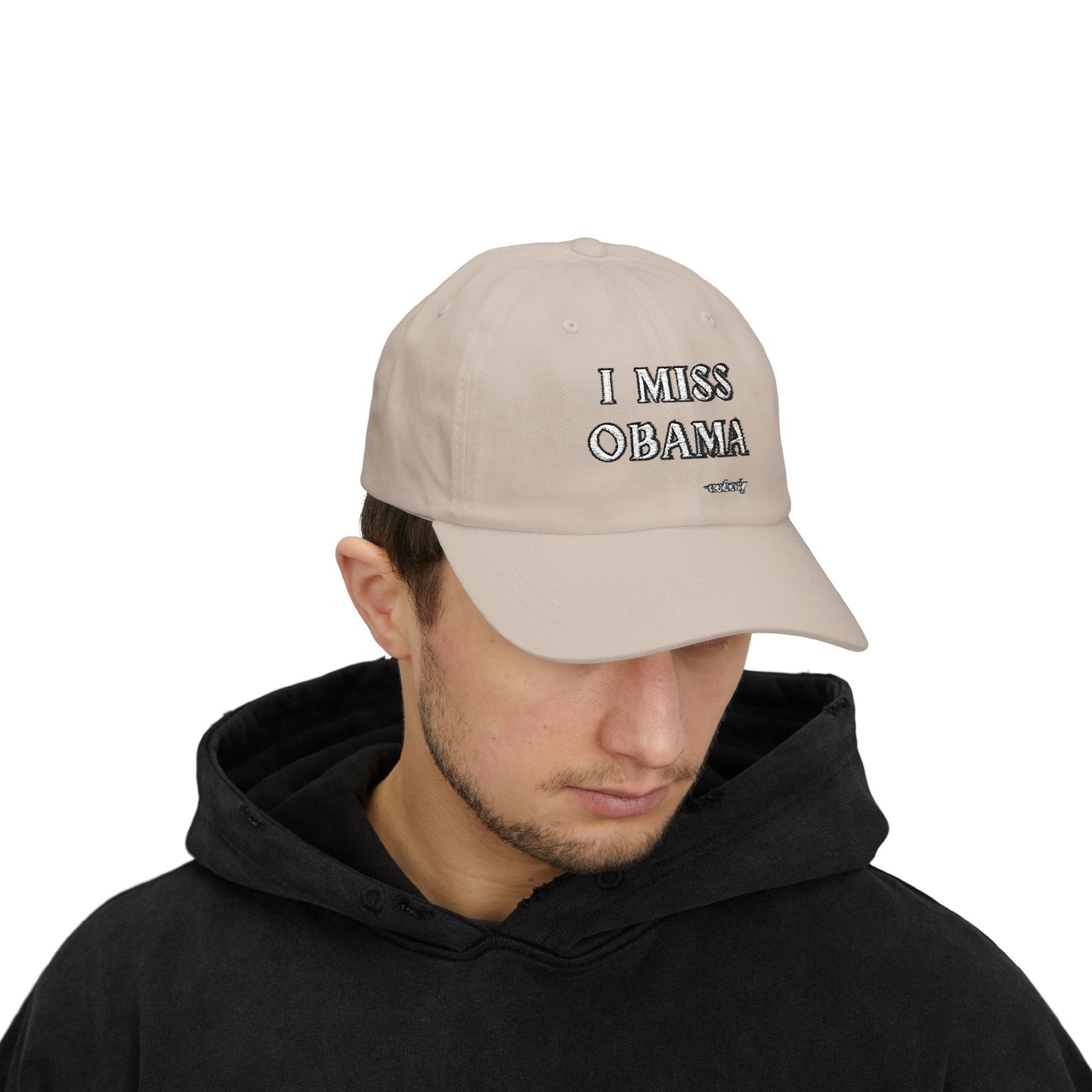 Back view white unstructured dad hat with brass buckle and adjustable hideaway strap